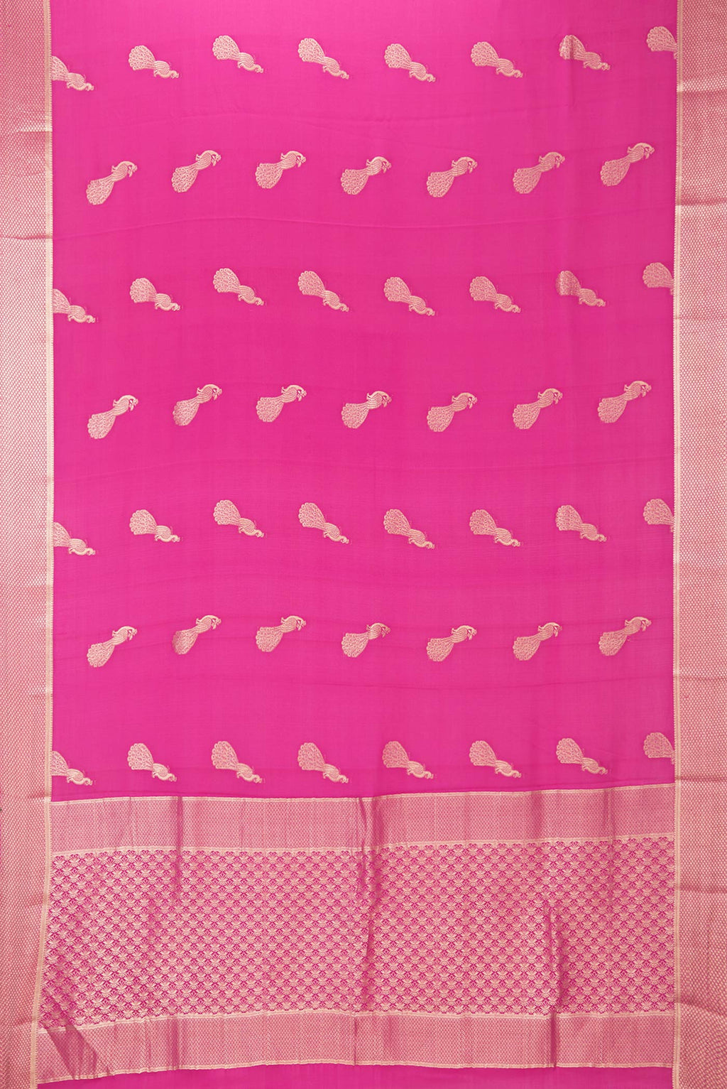 Flat view of Dark Pink Mysore Crepe Saree with Zari Butta on the body and Fancy Border. 