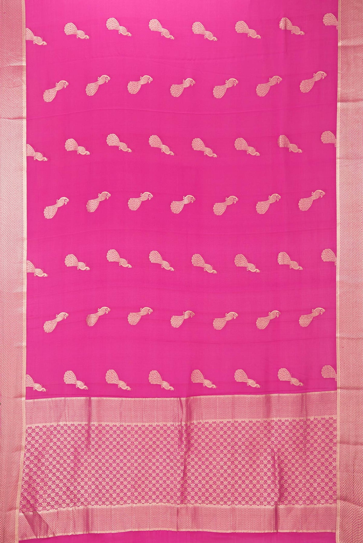 Flat view of Dark Pink Mysore Crepe Saree with Zari Butta on the body and Fancy Border. 