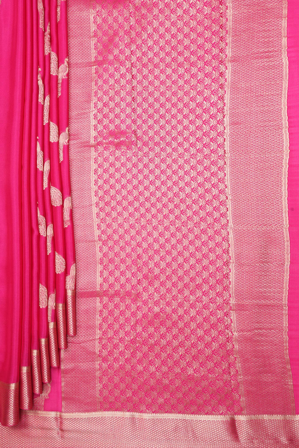 Pleats and pallu of Dark Pink Mysore Crepe Saree with Zari Butta on the body and Fancy Border. 