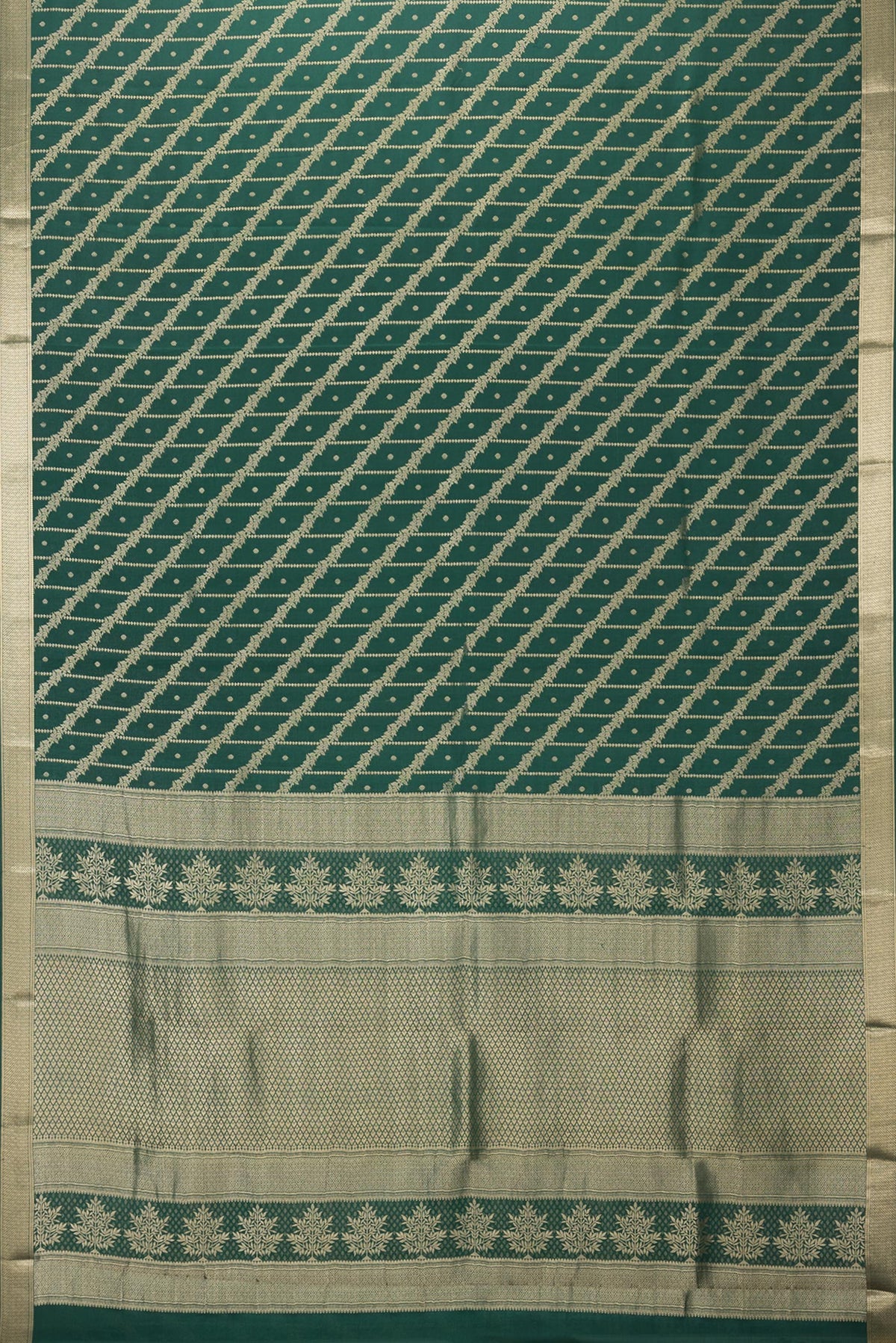 Flat view of Bottle Green Crepe Saree with Zari Brocade on the body and Zari Border. 