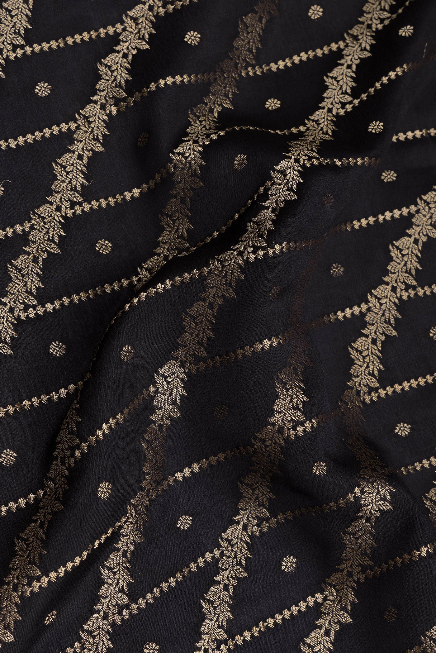 Close up of Coffee Brown Dual Tone Crepe Saree with Zari Brocade on the body and Zari Border.  displaying folds