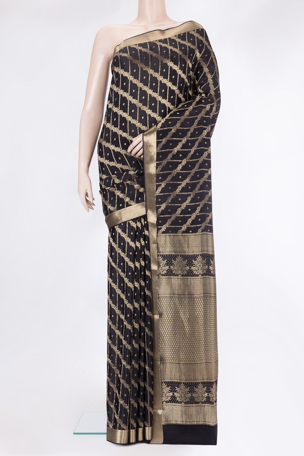 Coffee Brown Dual Tone Crepe Saree with Zari Brocade on the body and Zari Border.  displayed on a mannequin