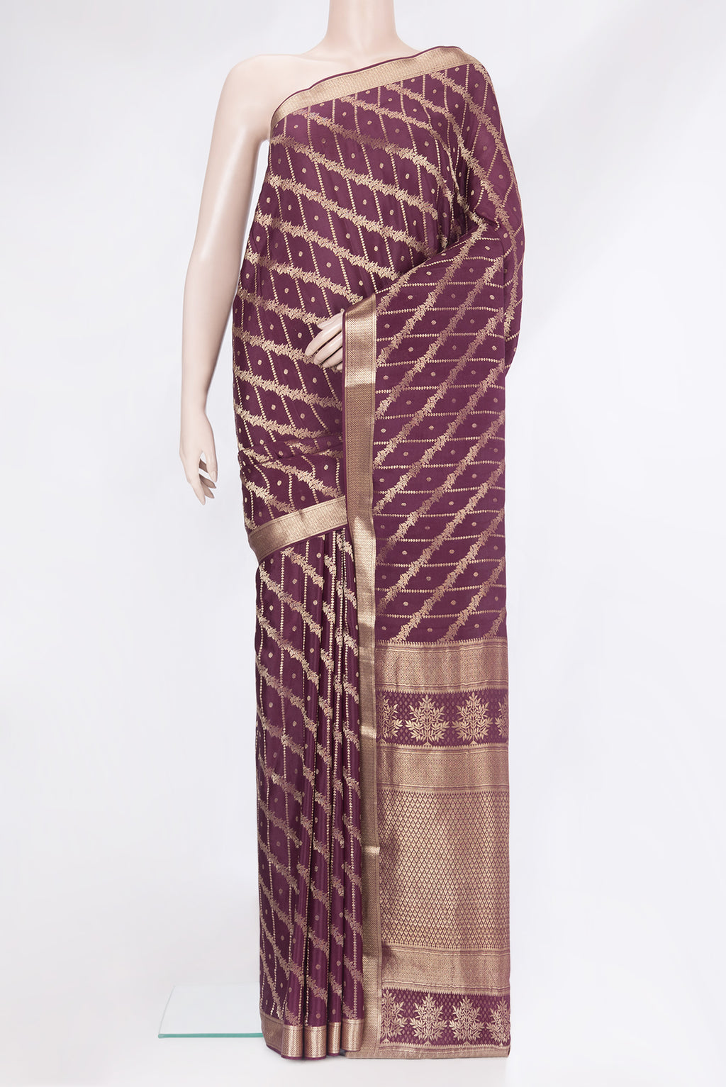 Burgundy Mysore Silk Saree with Zari Brocade on the body and Zari Border.  displayed on a mannequin
