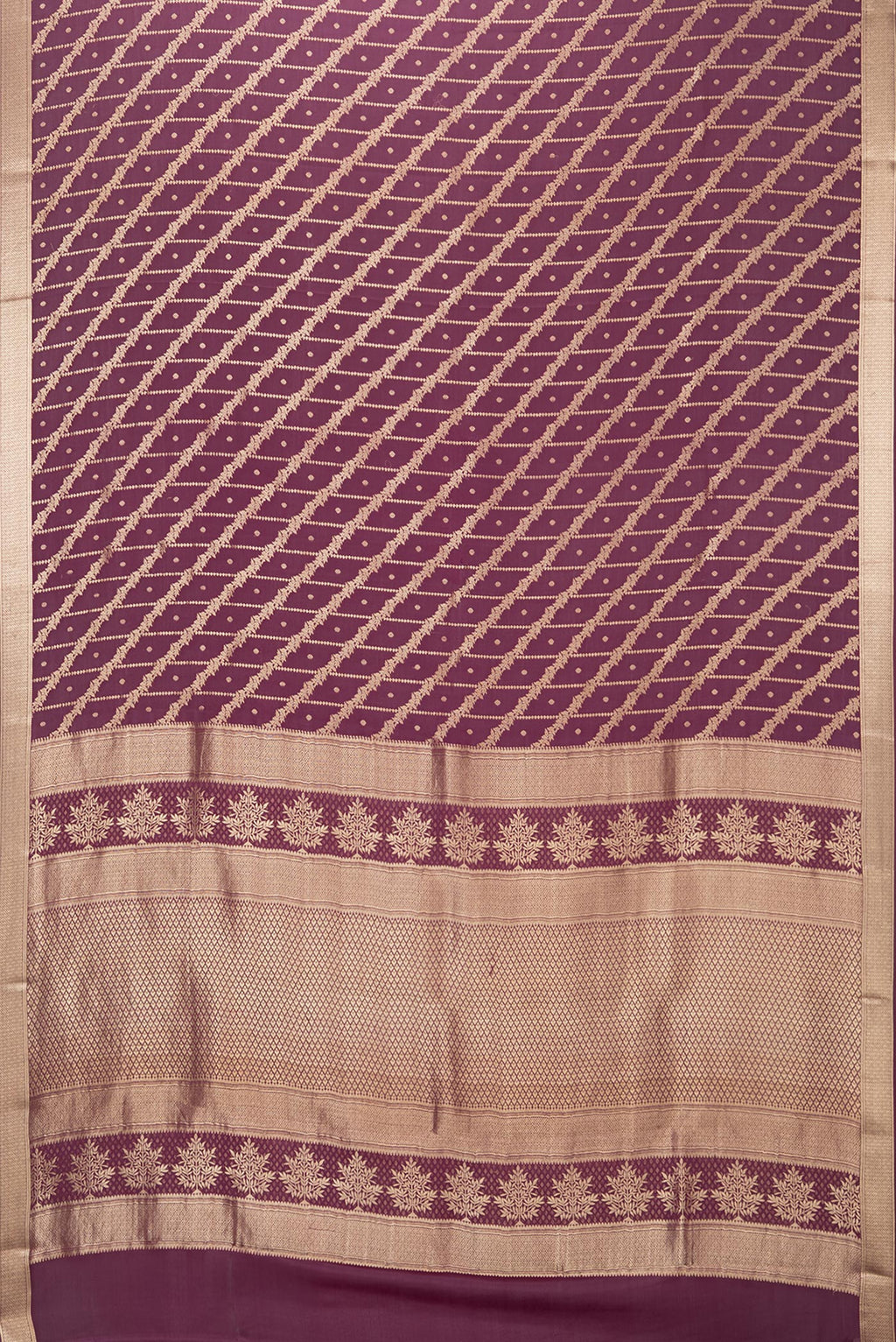 Flat view of Burgundy Mysore Silk Saree with Zari Brocade on the body and Zari Border. 