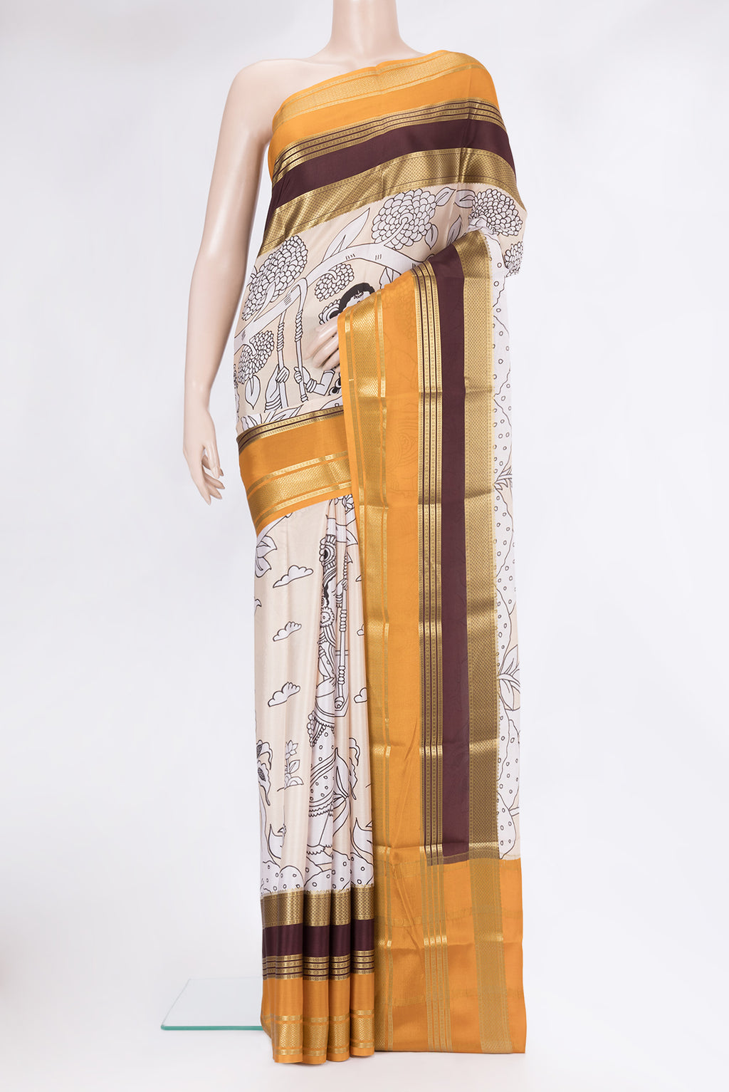 Sandal Mysore Silk Saree with Printed design on the body and Fancy Border.  displayed on a mannequin