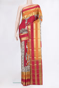 Multi Color Mysore Silk Saree with Printed design on the body and Fancy Border.  displayed on a mannequin