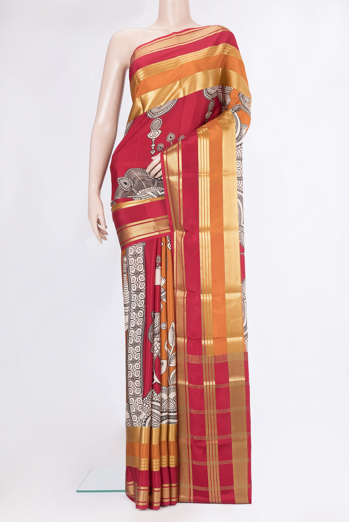 Multi Color Mysore Silk Saree with Printed design on the body and Fancy Border.  displayed on a mannequin