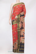 Red Mysore Silk Saree with Printed design on the body and Fancy Border.  displayed on a mannequin