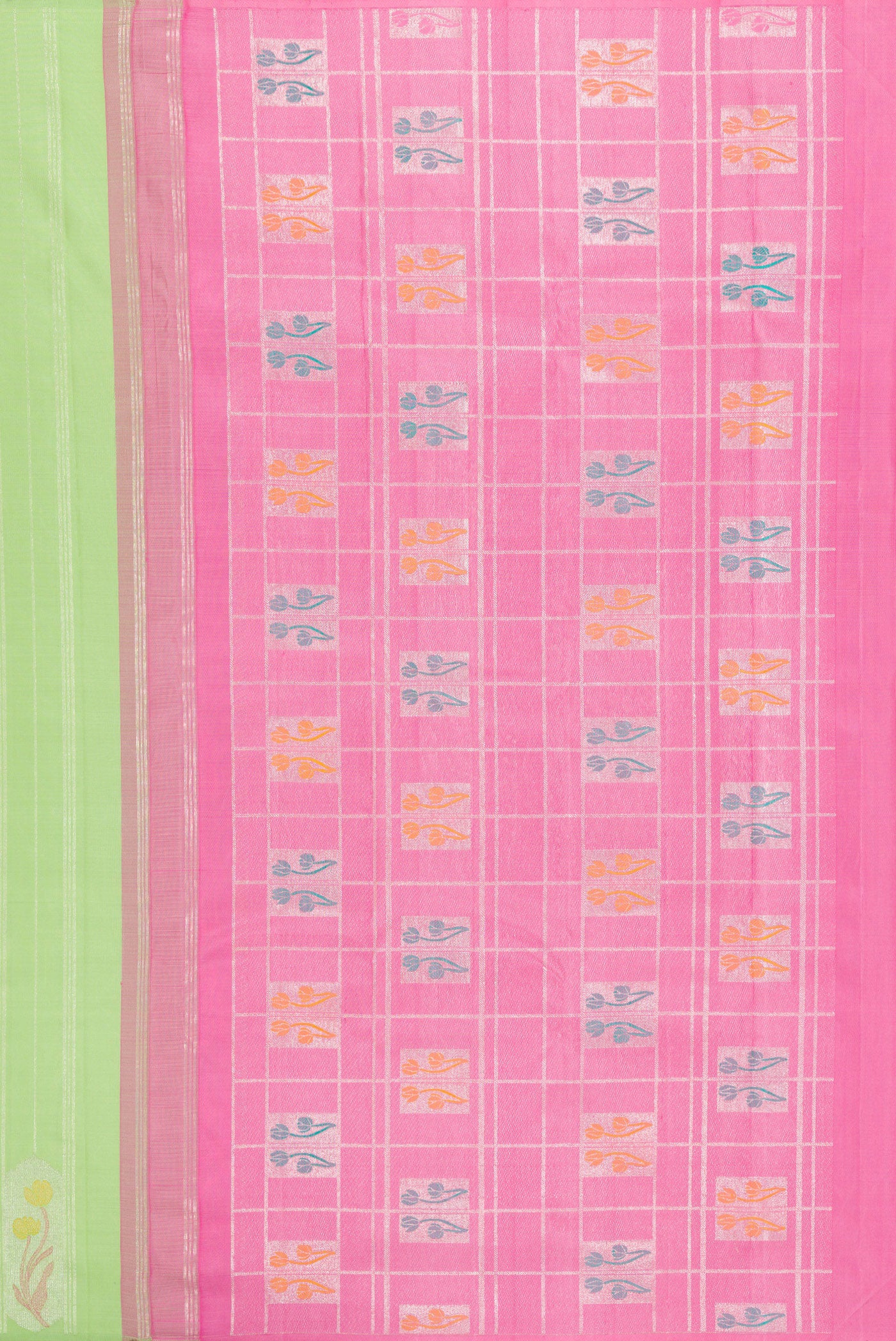 Close up image of the pallu of Pista Green Kanjivaram Silk Saree with Stripes on the body and Fancy Border. 