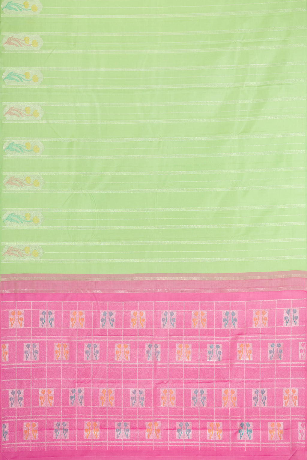 Flat view of Pista Green Kanjivaram Silk Saree with Stripes on the body and Fancy Border. 