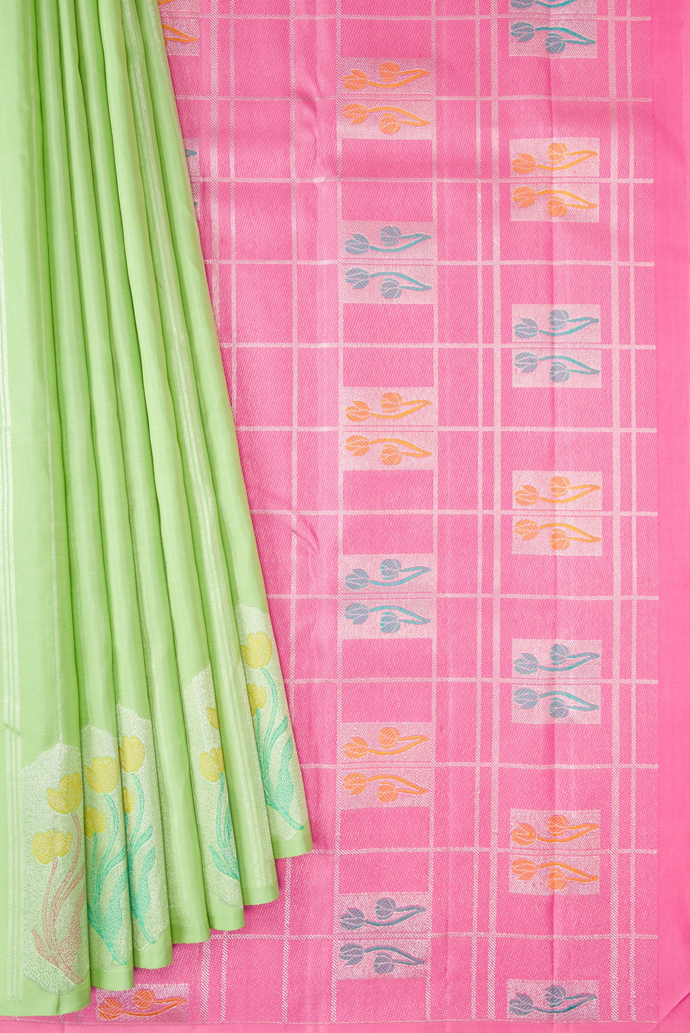 Pleats and pallu of Pista Green Kanjivaram Silk Saree with Stripes on the body and Fancy Border. 