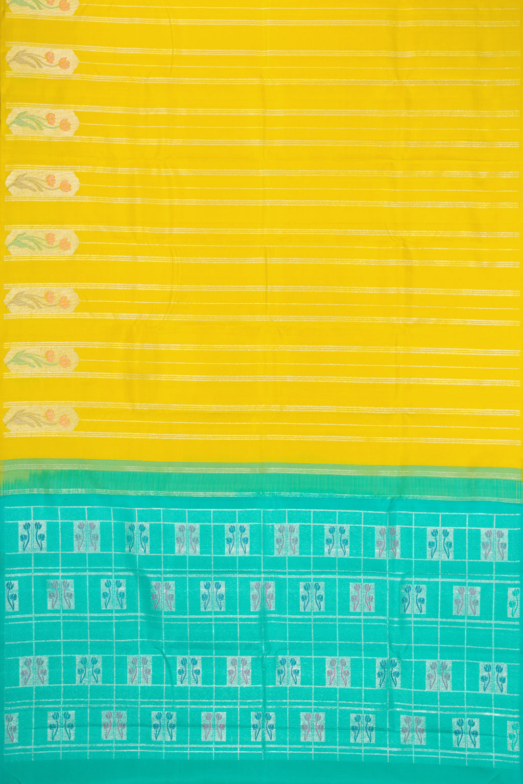 Flat view of Lemon Yellow Kanjivaram Silk Saree with Stripes on the body and Without Border. 