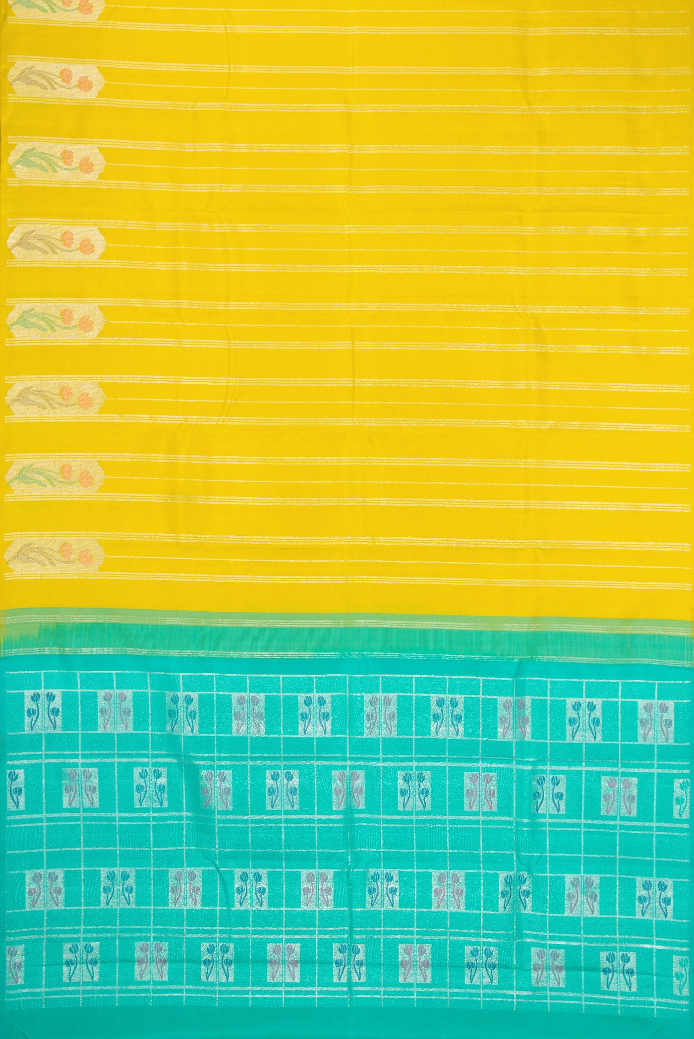 Flat view of Lemon Yellow Kanjivaram Silk Saree with Stripes on the body and Without Border. 