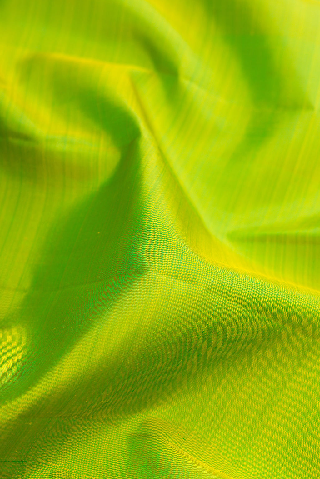Close up of Parrot Green Kanjivaram Silk Saree with Plain Body and Zari Border.  displaying folds