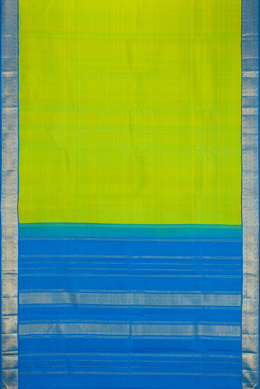 Flat view of Parrot Green Kanjivaram Silk Saree with Plain Body and Zari Border. 