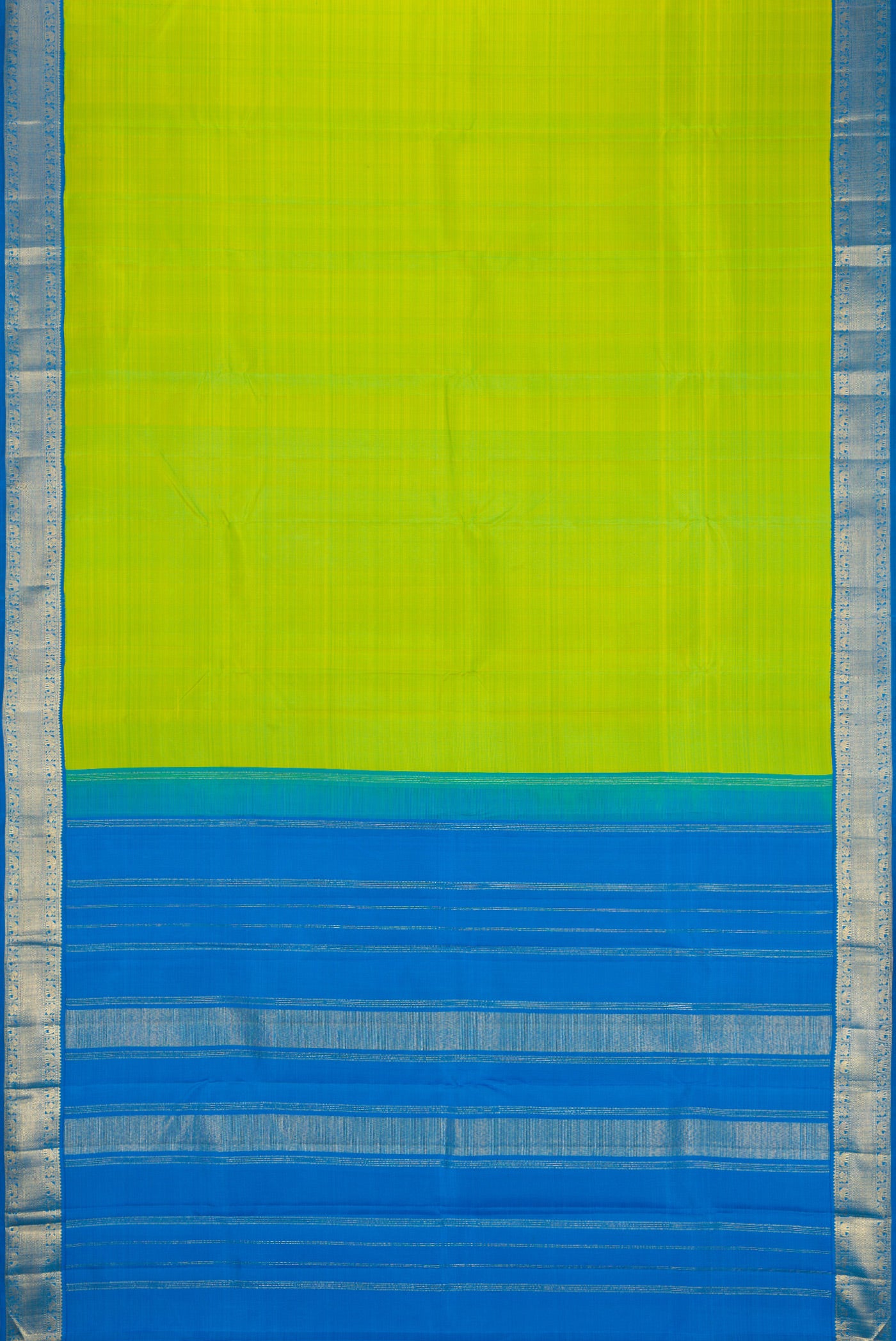 Flat view of Parrot Green Kanjivaram Silk Saree with Plain Body and Zari Border. 
