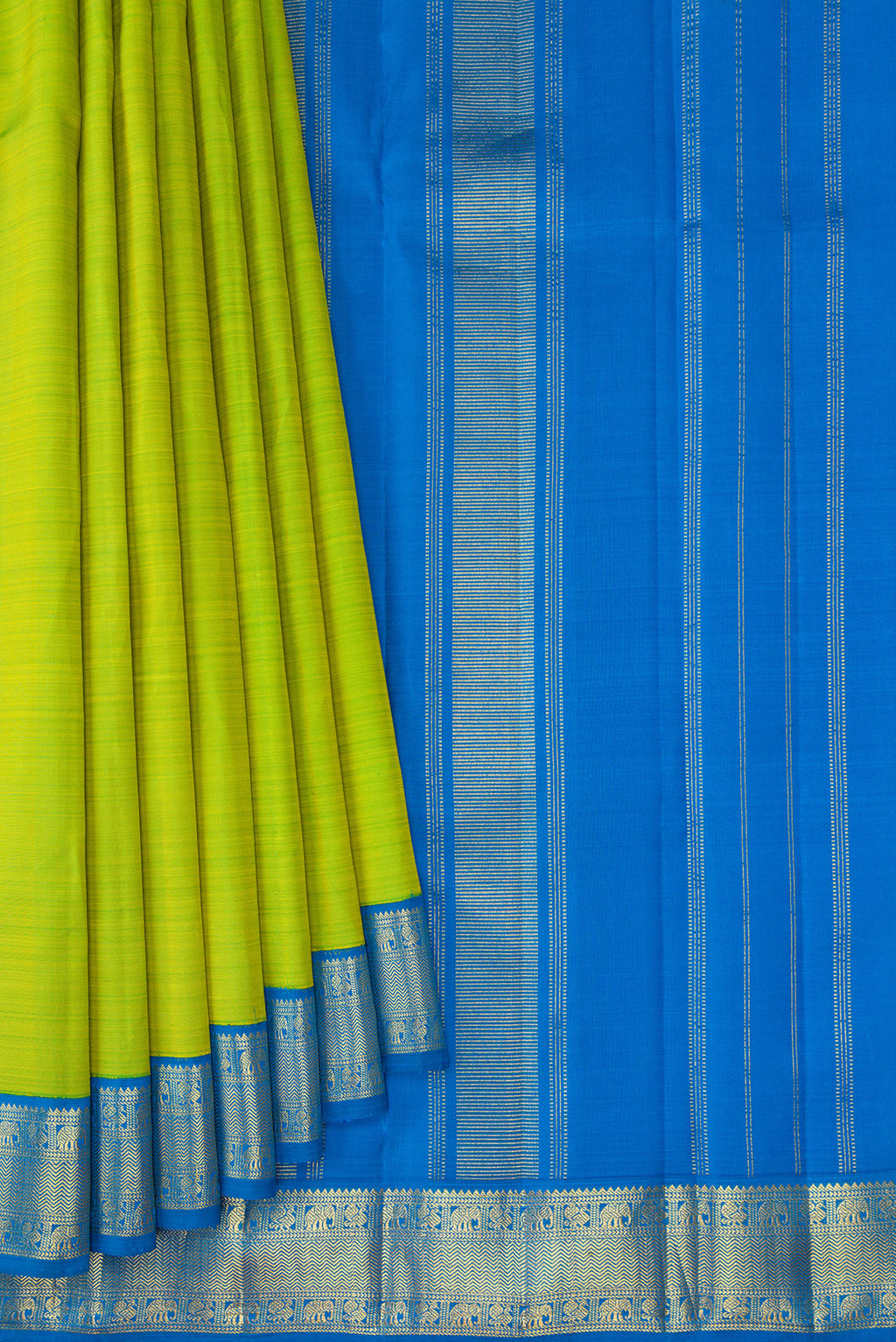 Pleats and pallu of Parrot Green Kanjivaram Silk Saree with Plain Body and Zari Border. 