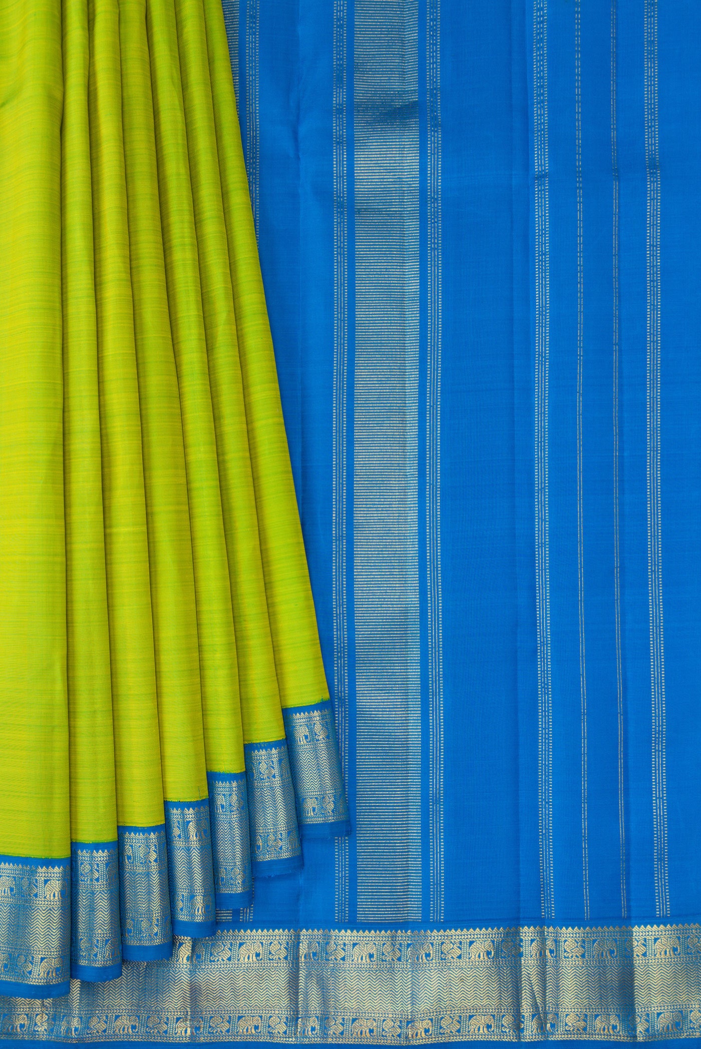 Pleats and pallu of Parrot Green Kanjivaram Silk Saree with Plain Body and Zari Border. 