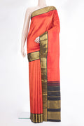 Pure Silk Orange Dual Tone Kanjivaram Saree with Plain Body and Zari Border.  displayed on a mannequin