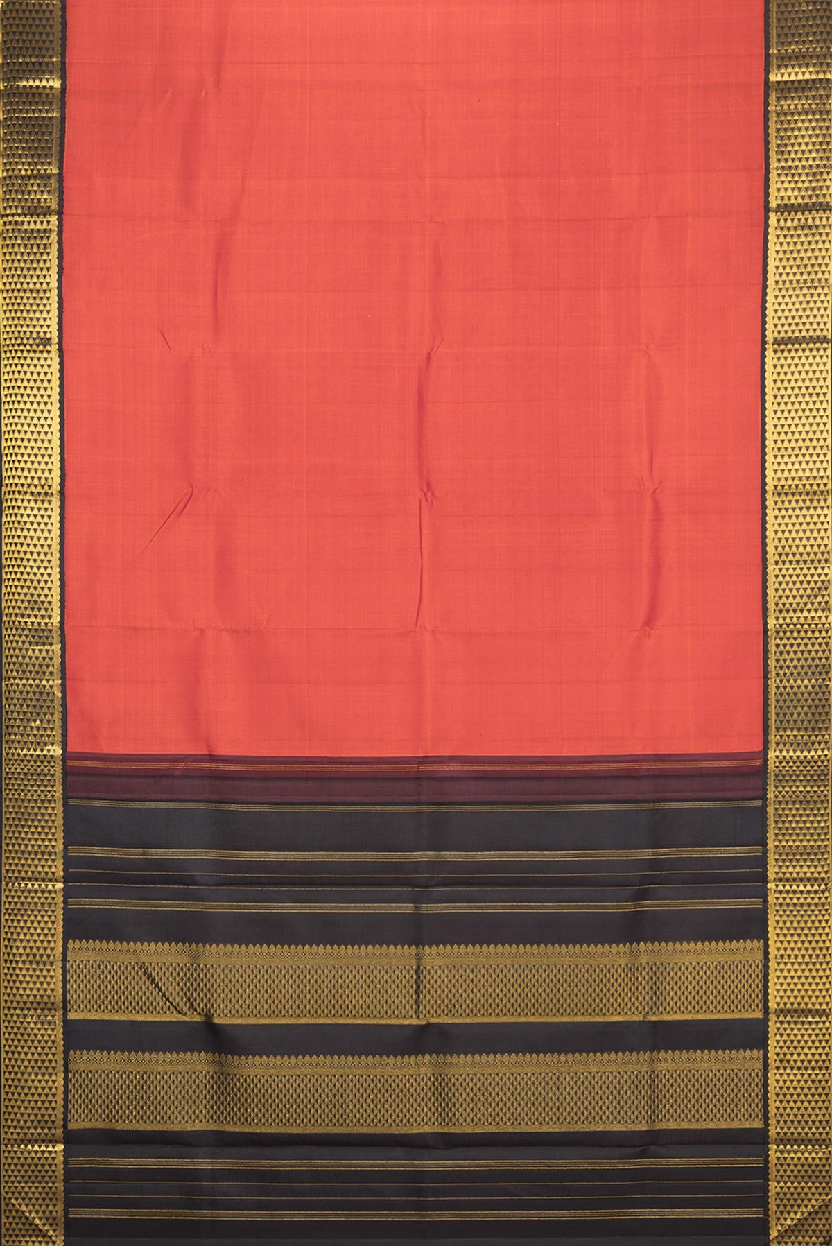 Flat view of Pure Silk Orange Dual Tone Kanjivaram Saree with Plain Body and Zari Border. 
