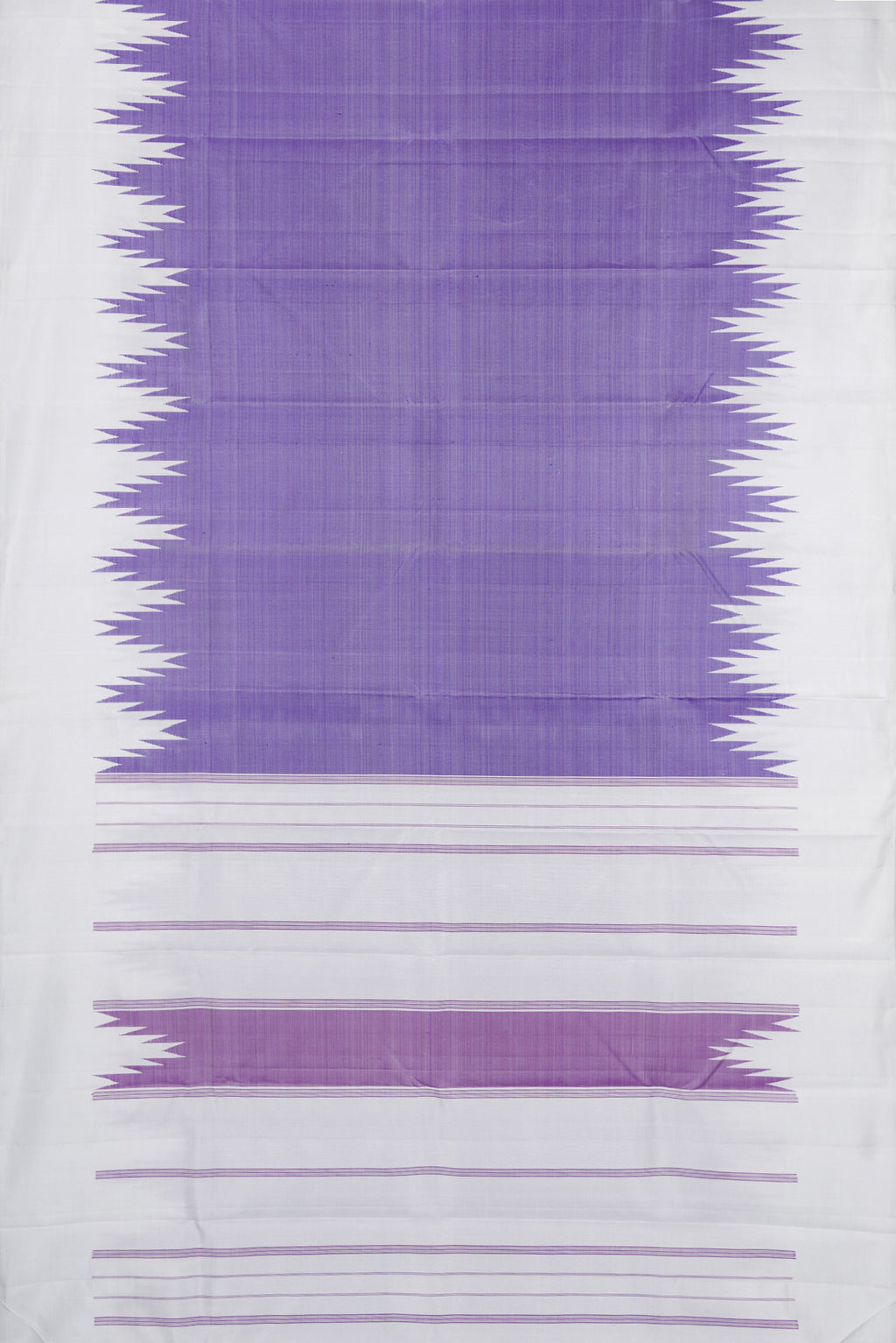 Flat view of Violet Kanchipuram Silk Saree with Plain Body and Temple Border. 