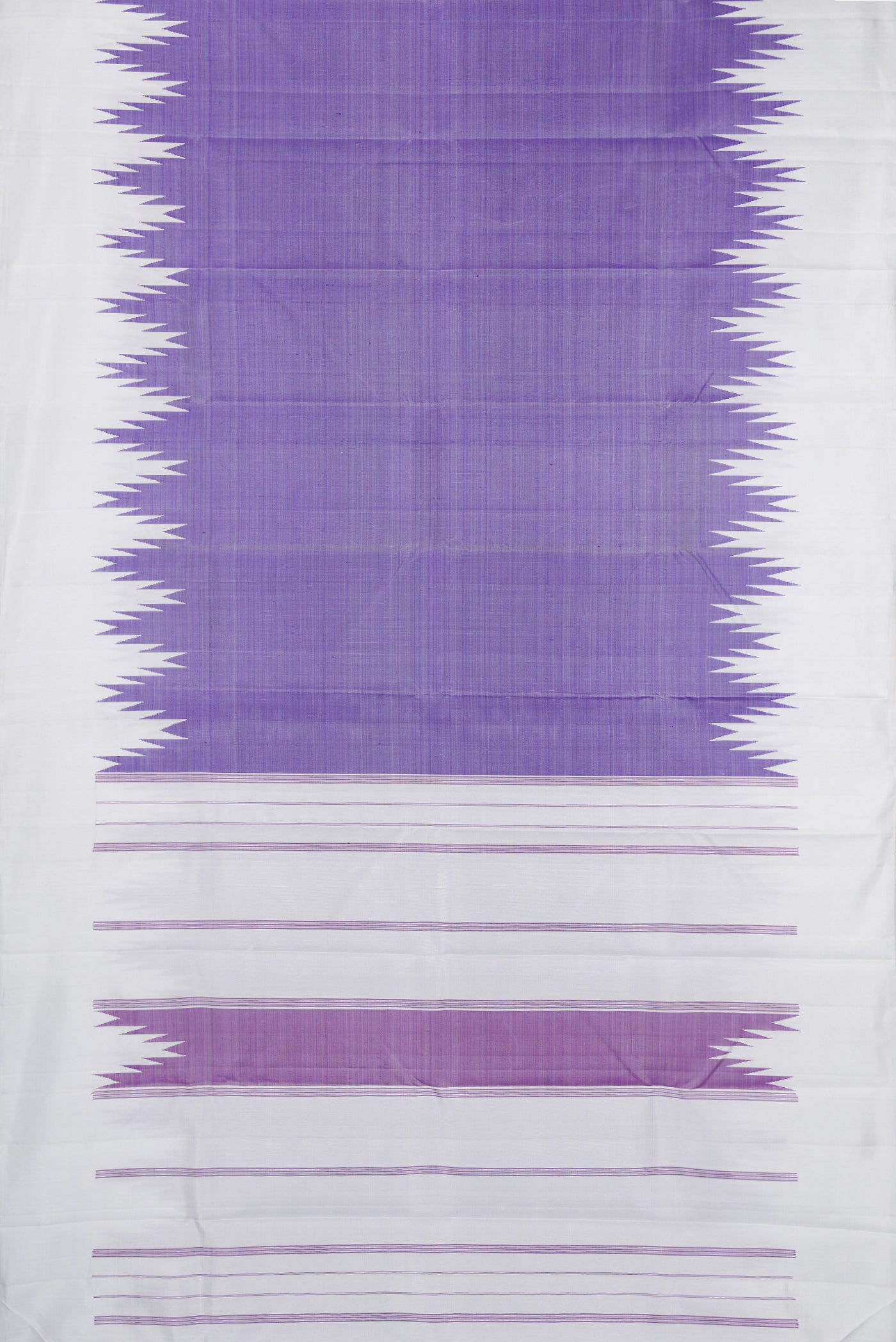 Flat view of Violet Kanchipuram Silk Saree with Plain Body and Temple Border. 