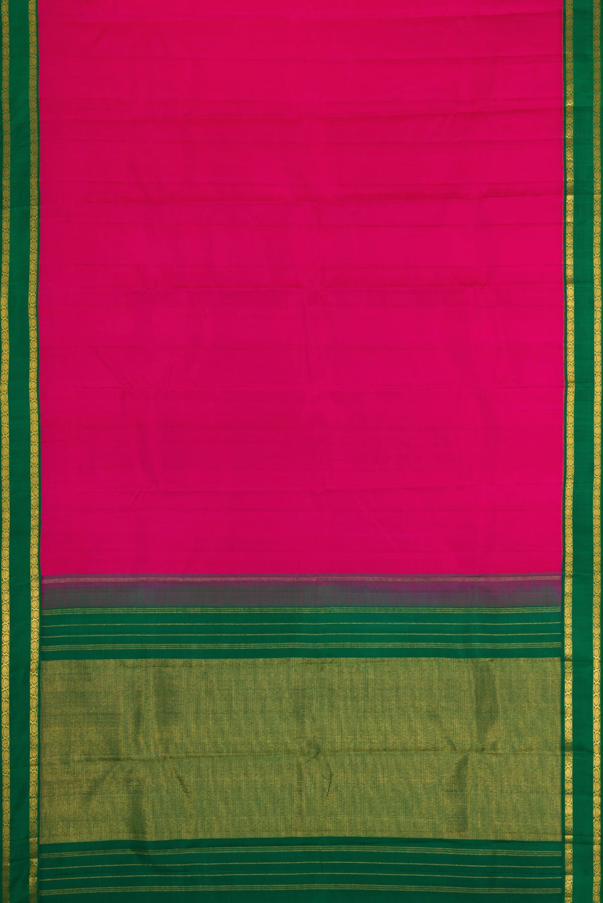 Flat view of Pink Kanjivaram Silk Saree with Plain Body and Zari Border. 