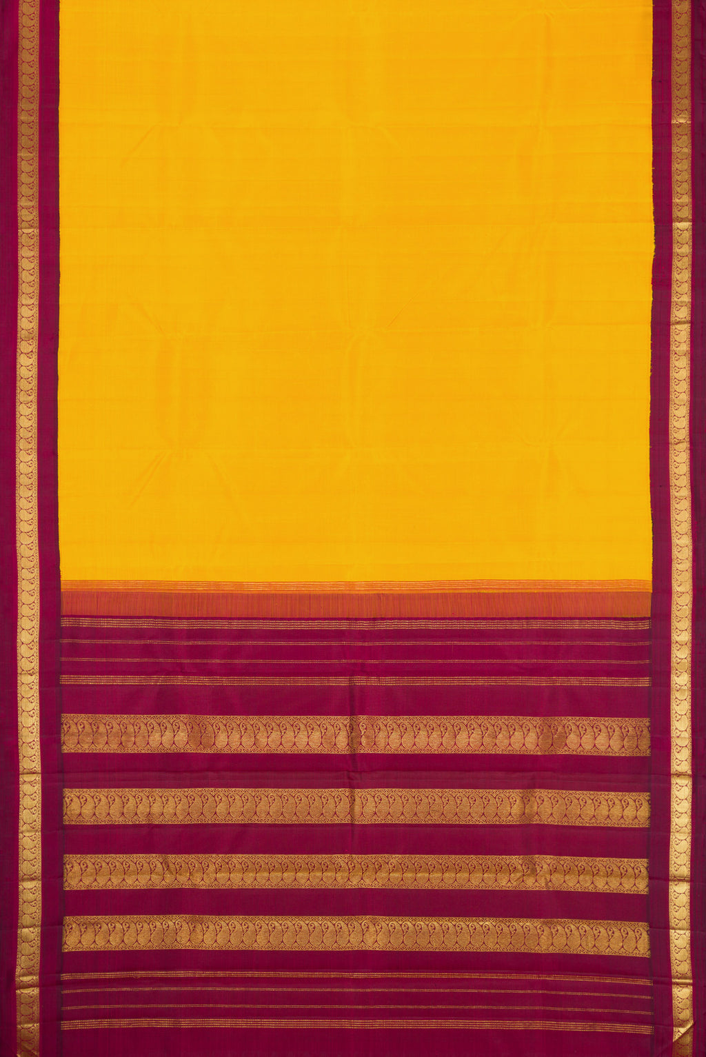 Flat view of Pure Silk Pure Zari Yellow Kanjivaram Saree with Plain Body and Zari Border. 