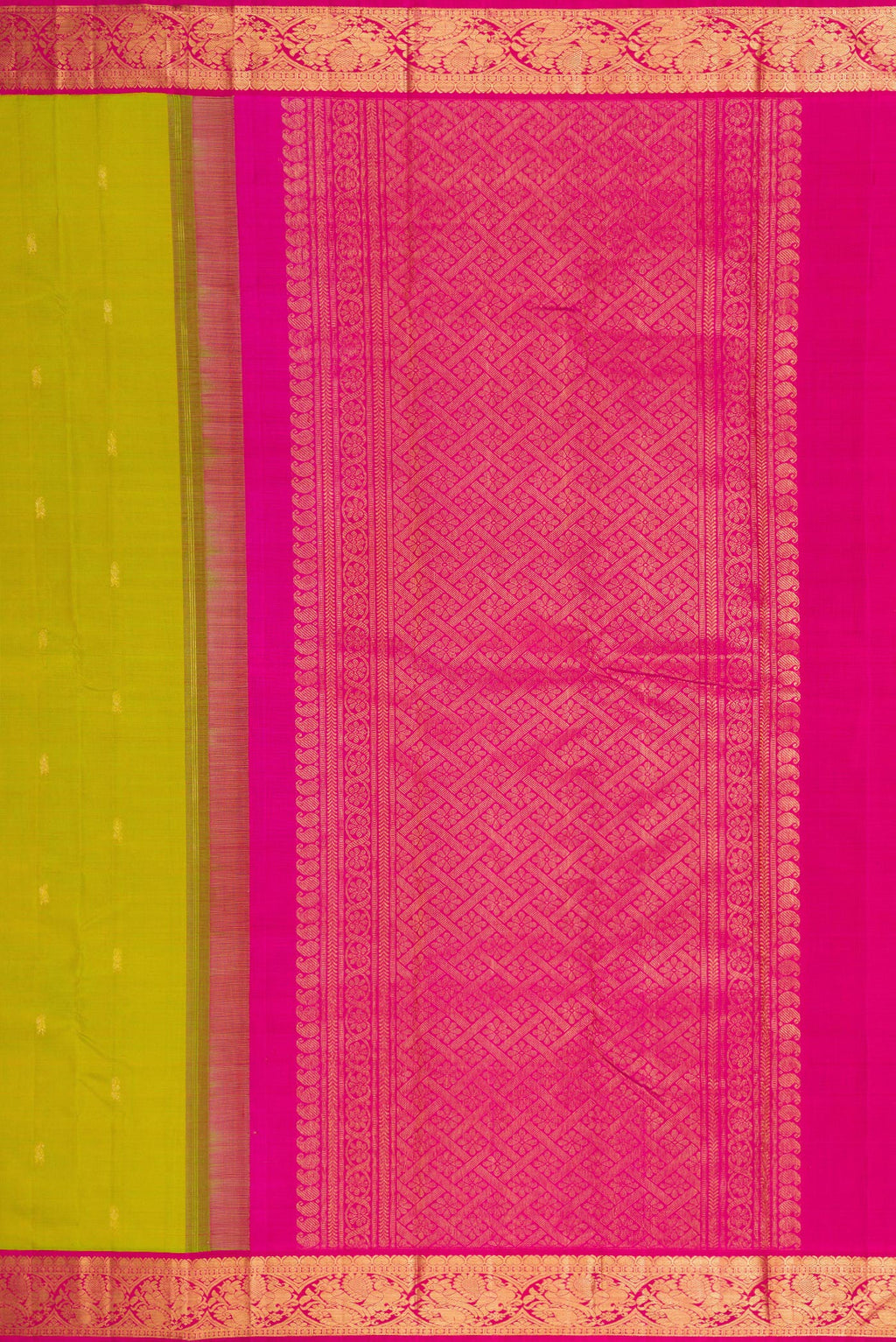 Close up image of the pallu of Parrot Green Kanjivaram Silk Saree with Zari Butta on the body and Zari Border. 