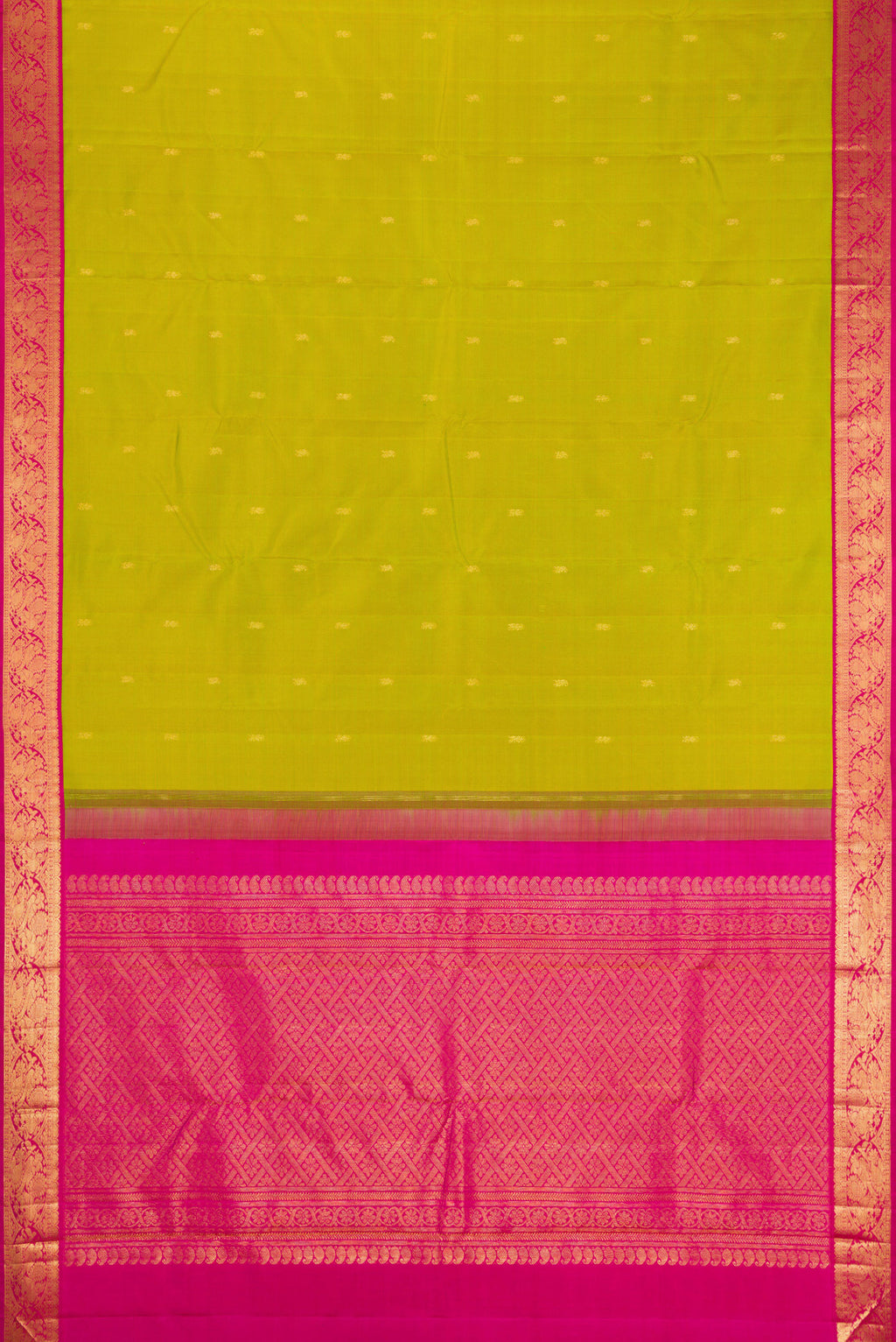 Flat view of Parrot Green Kanjivaram Silk Saree with Zari Butta on the body and Zari Border. 