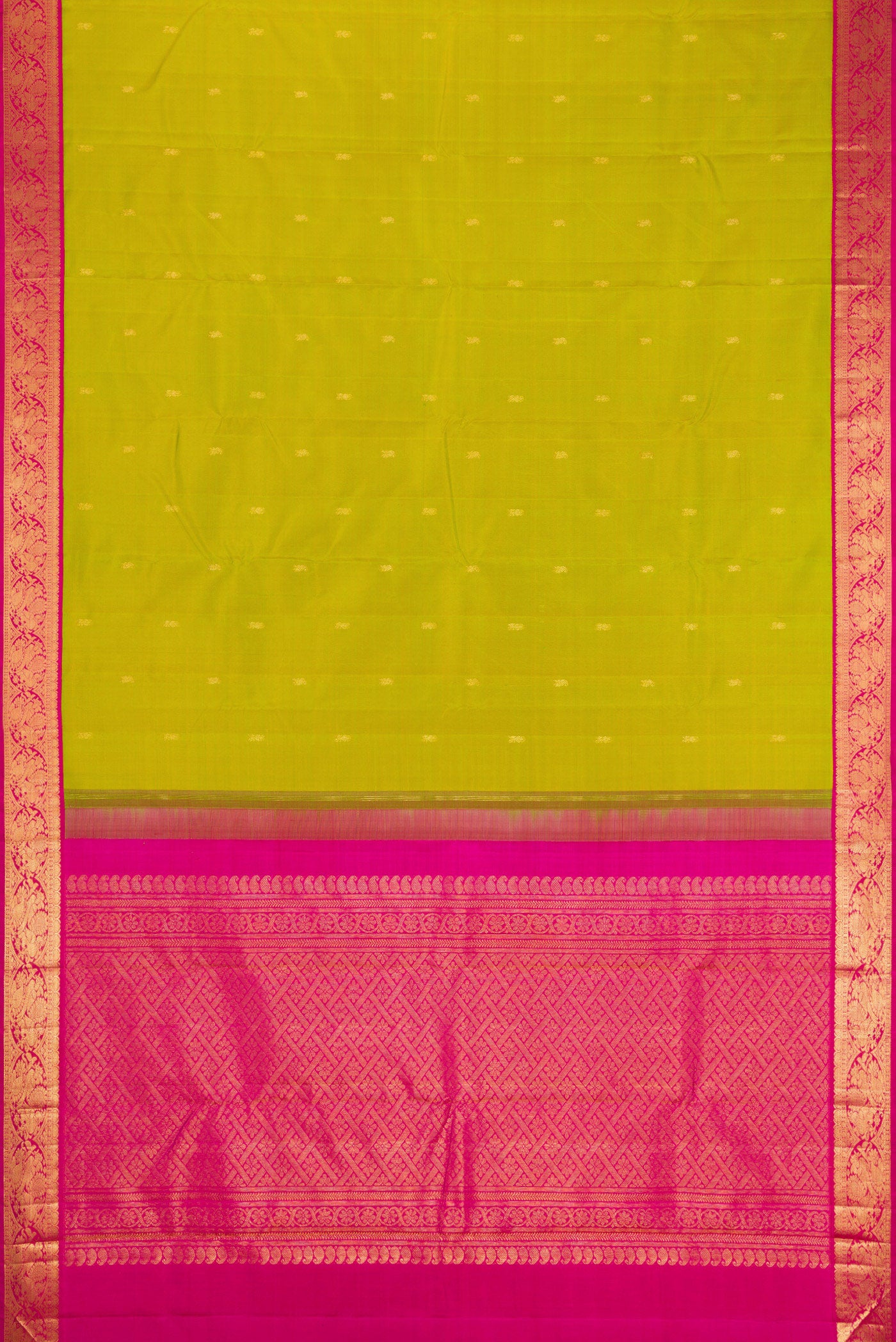 Flat view of Parrot Green Kanjivaram Silk Saree with Zari Butta on the body and Zari Border. 