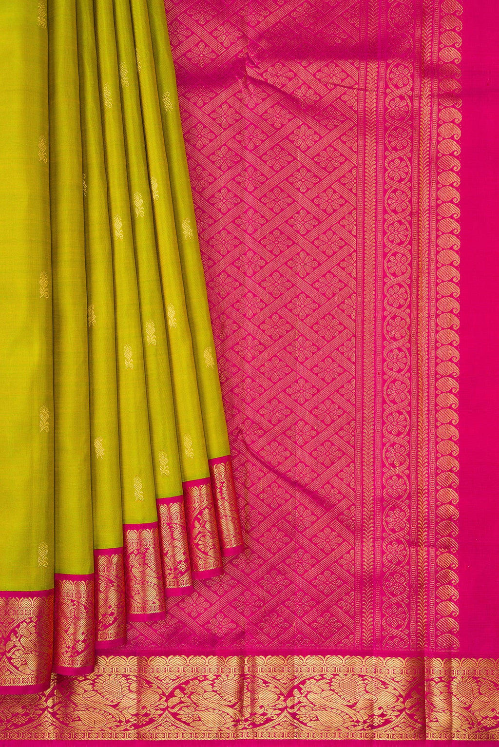 Pleats and pallu of Parrot Green Kanjivaram Silk Saree with Zari Butta on the body and Zari Border. 