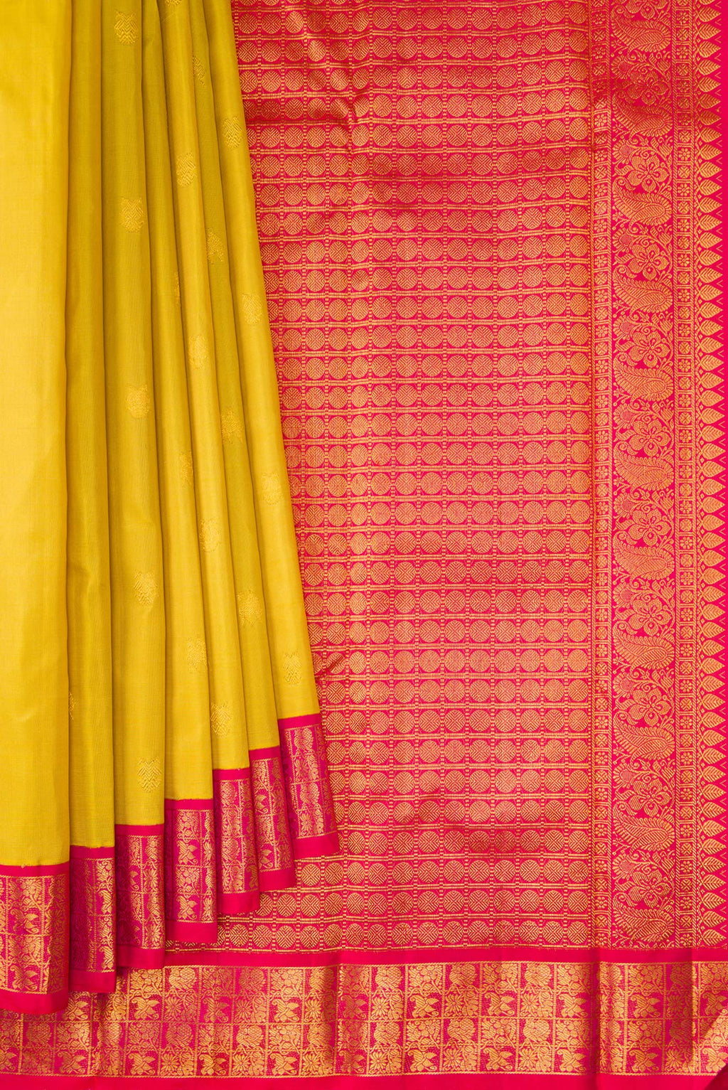 Pleats and pallu of Yellow Kanjivaram Silk Saree with Zari Butta on the body and Zari Border. 