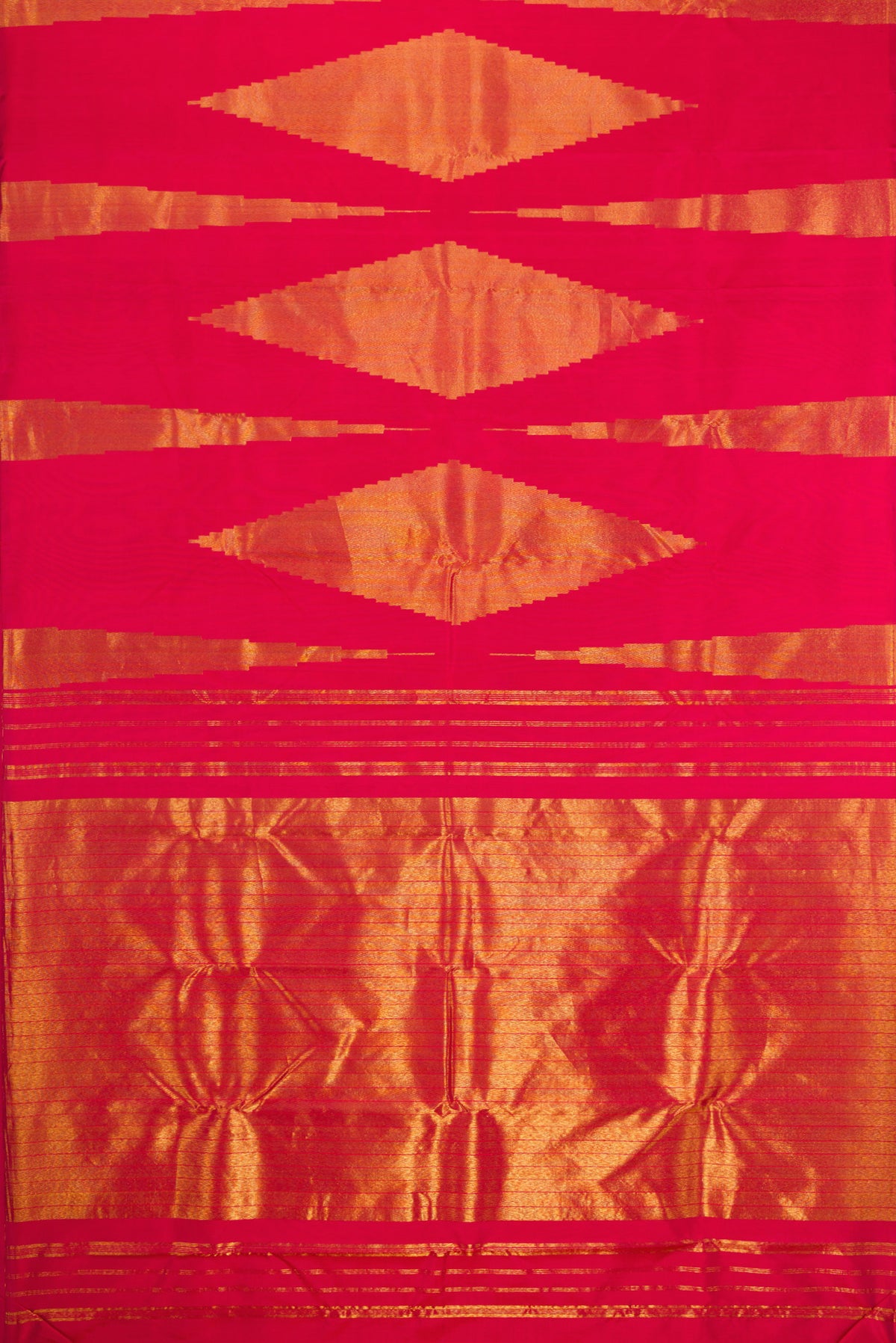 Flat view of Maroon Kanjivaram Silk Saree with Zari Butta on the body and Without Border. 