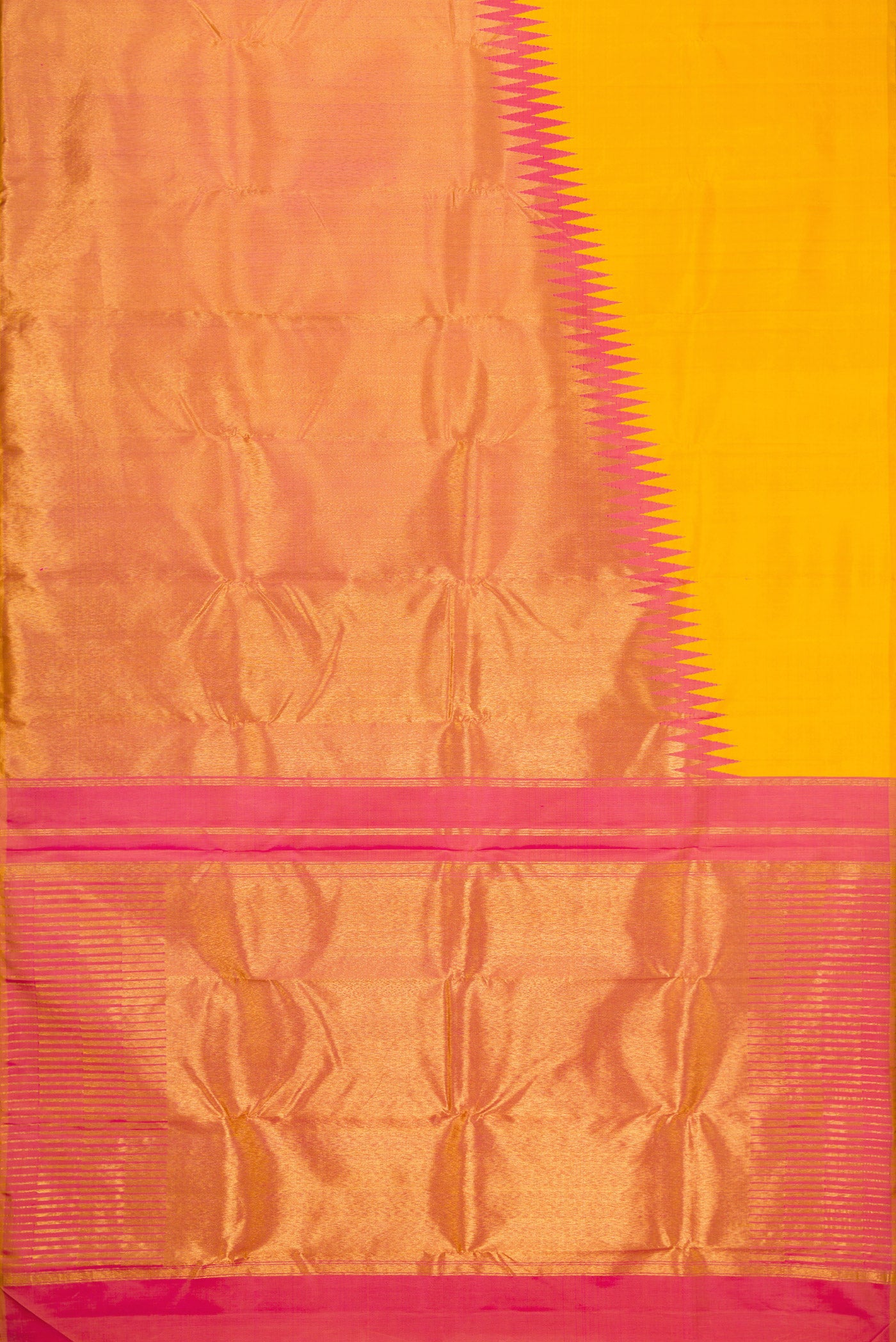 Flat view of Yellow Kanjivaram Silk Saree with Plain Body and Rising Temple Border. 