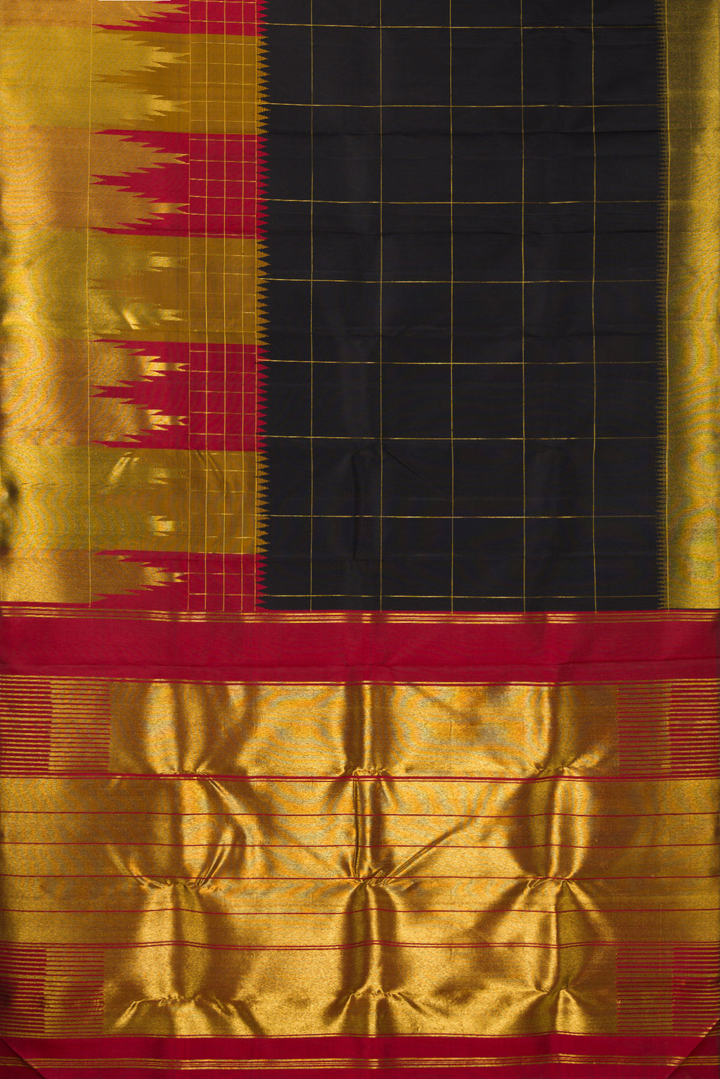 Flat view of Pure Silk Black Kanchipuram Saree with Checked design on the body and Temple Border. 