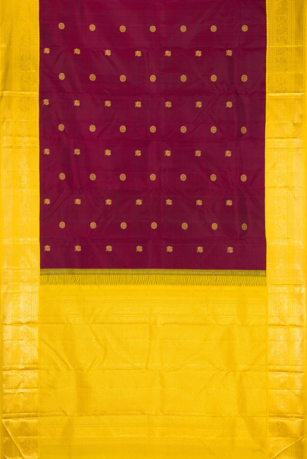 Flat view of Maroon Kanjivaram Silk Saree with Zari Butta on the body and Zari Border. 