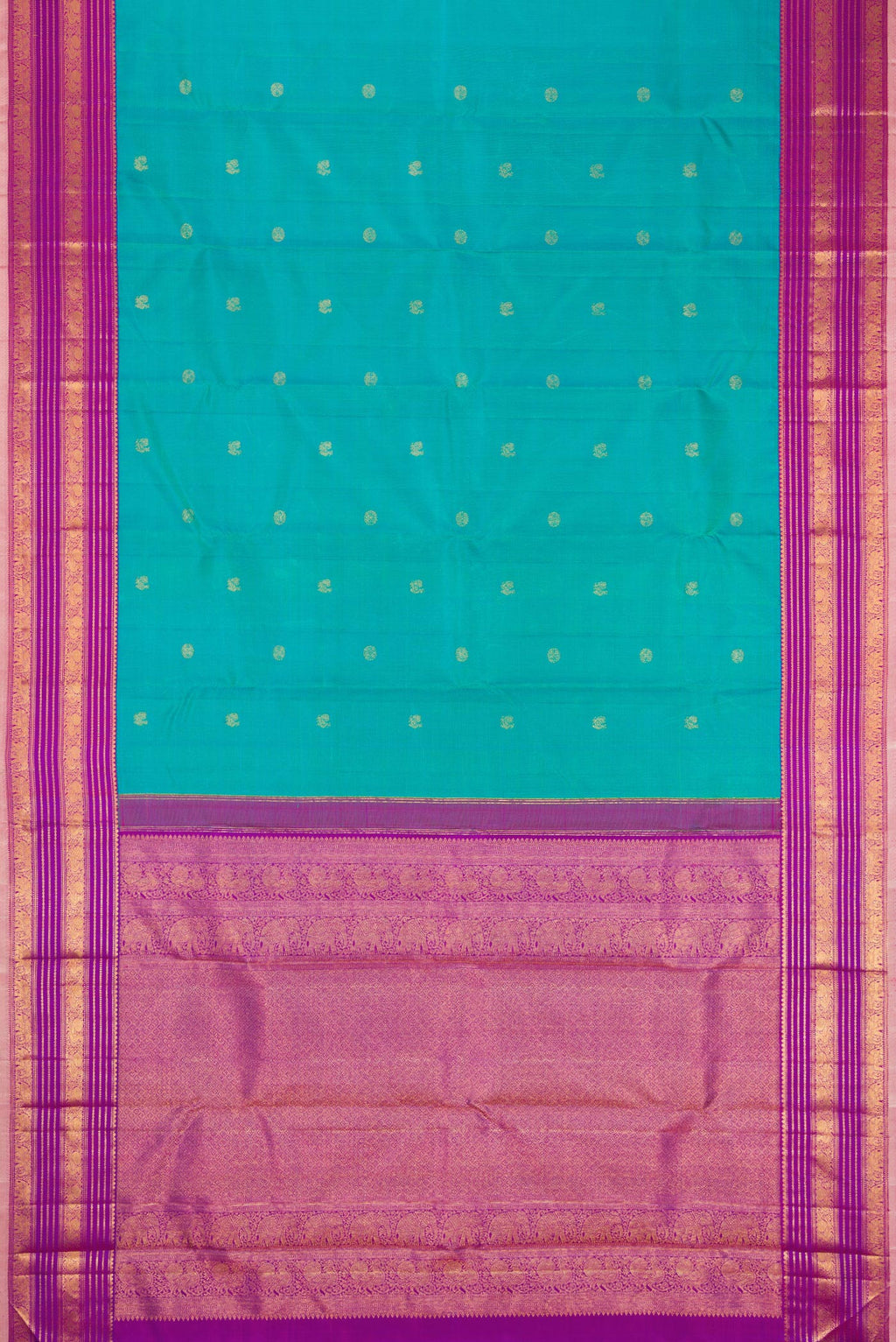 Flat view of Blue Kanjivaram Silk Saree with Zari Butta on the body and Zari Border. 