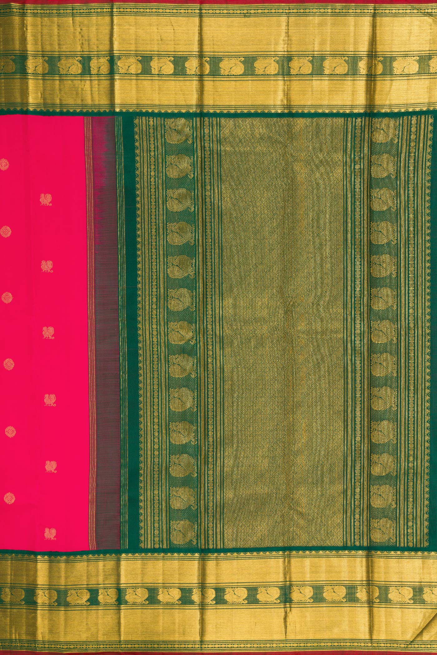 Close up image of the pallu of Pink Kanjivaram Silk Saree with Zari Butta on the body and Zari Border. 