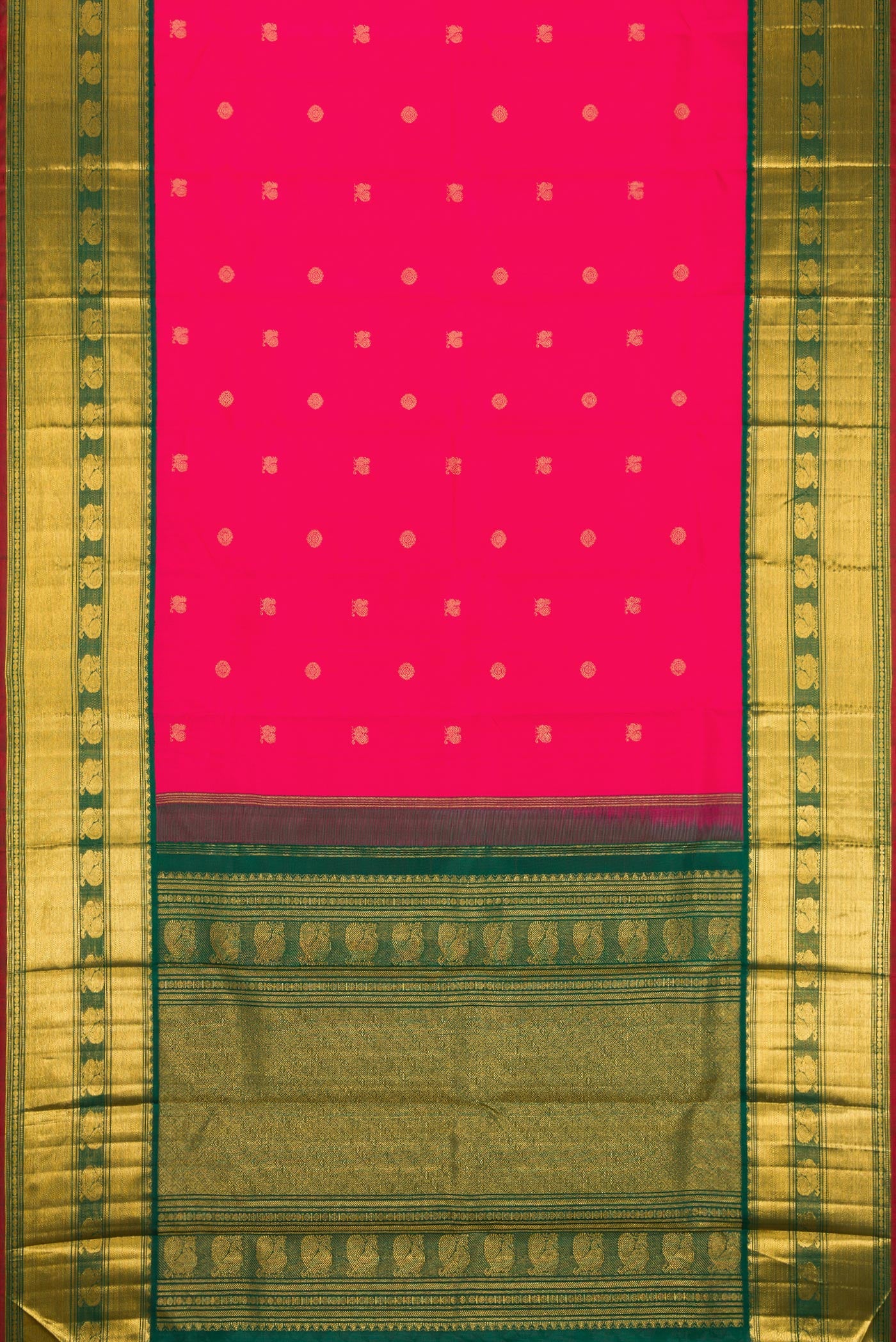 Flat view of Pink Kanjivaram Silk Saree with Zari Butta on the body and Zari Border. 