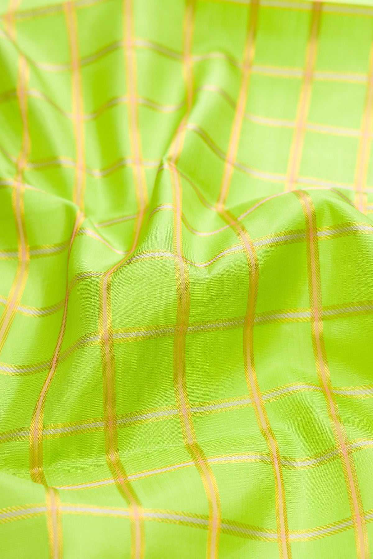 Close up of Parrot Green Kanchipuram Silk Saree with Checked design on the body and Zari Border.  displaying folds