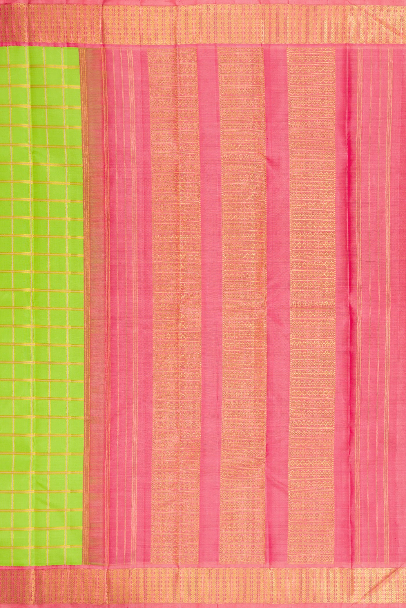 Close up image of the pallu of Parrot Green Kanchipuram Silk Saree with Checked design on the body and Zari Border. 