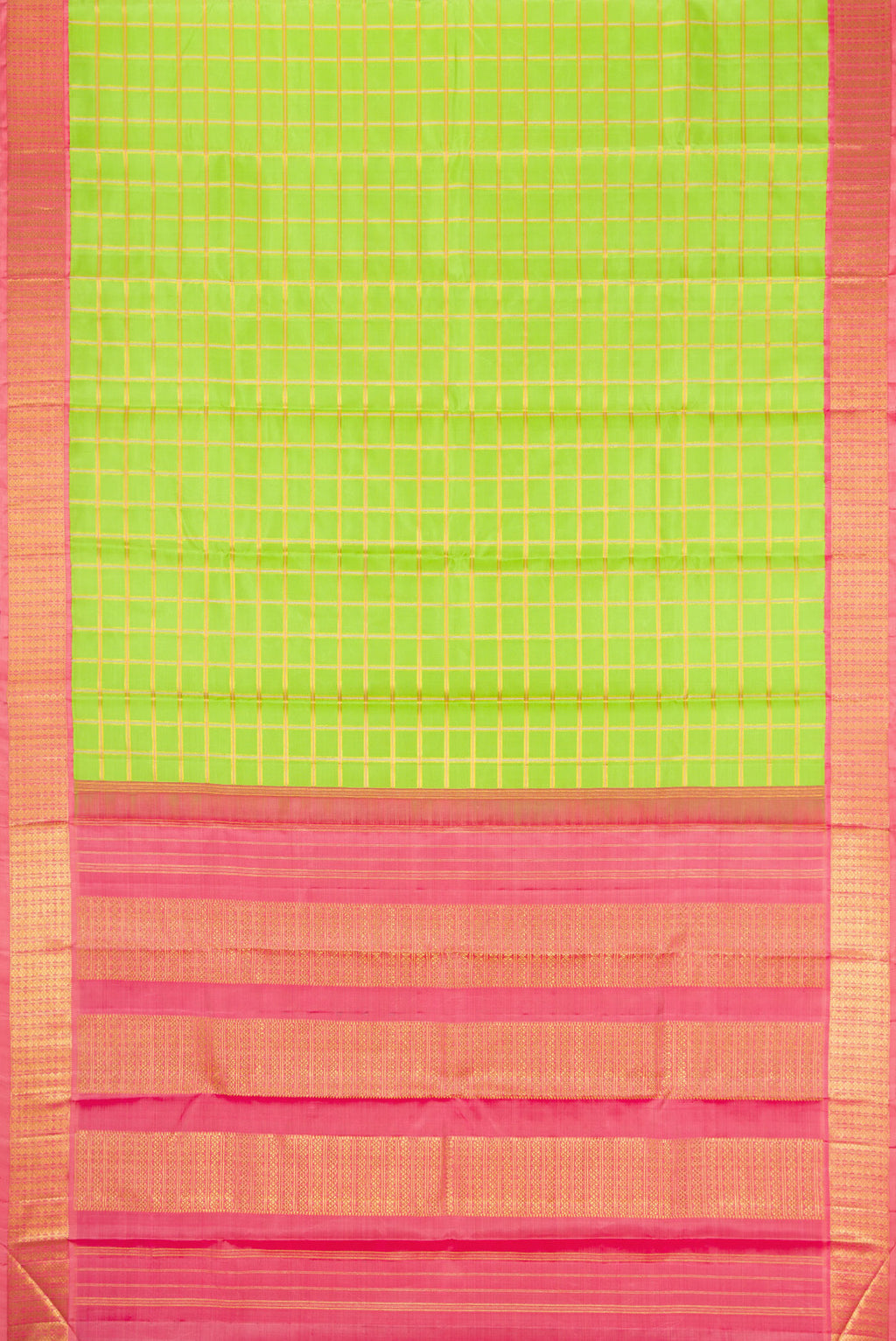 Flat view of Parrot Green Kanchipuram Silk Saree with Checked design on the body and Zari Border. 