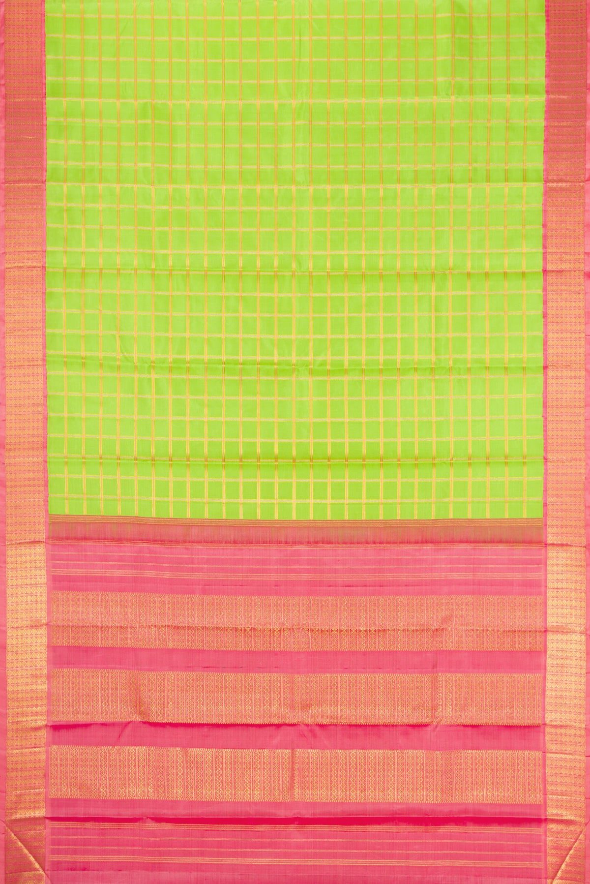 Flat view of Parrot Green Kanchipuram Silk Saree with Checked design on the body and Zari Border. 