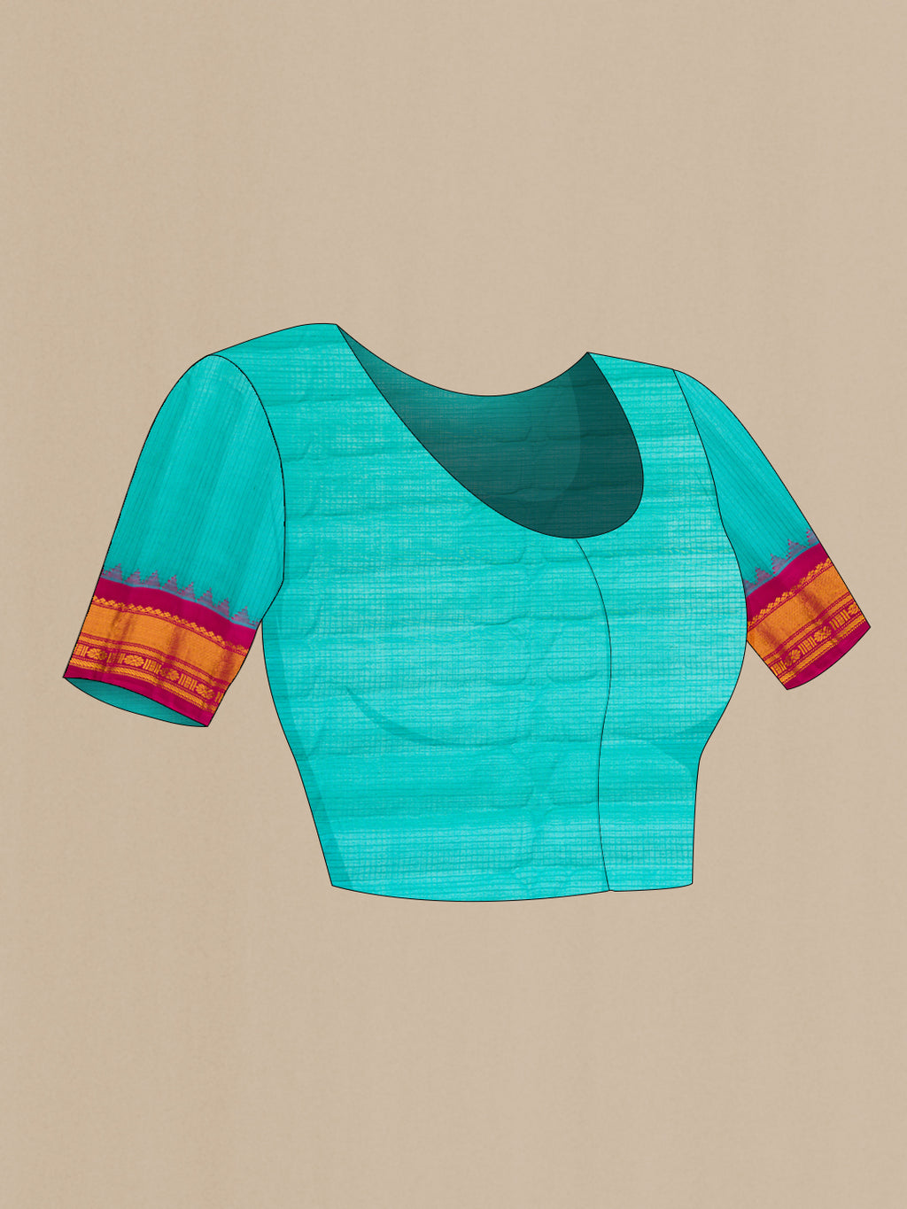 Close up image of the blouse of Sky Blue Gadwal Silk Cotton Saree with Checked design on the body and Zari Border. 