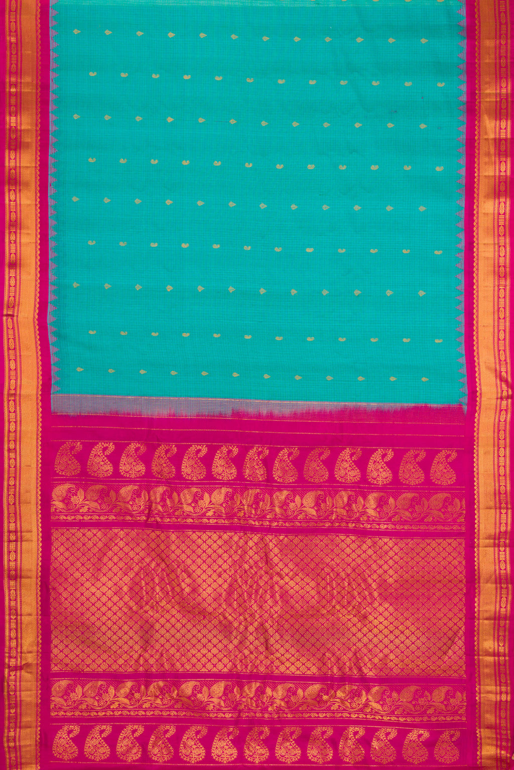 Flat view of Sky Blue Gadwal Silk Cotton Saree with Checked design on the body and Zari Border. 