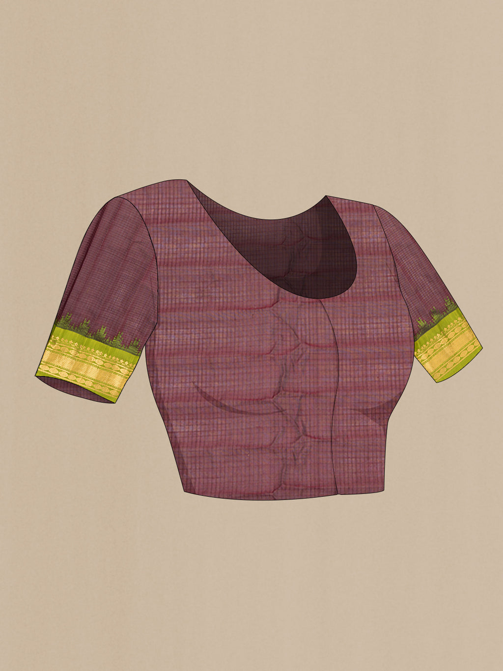 Close up image of the blouse of Pure Silk Maroon Dual Tone Gadwal Saree with Checked design on the body and Zari Border. 