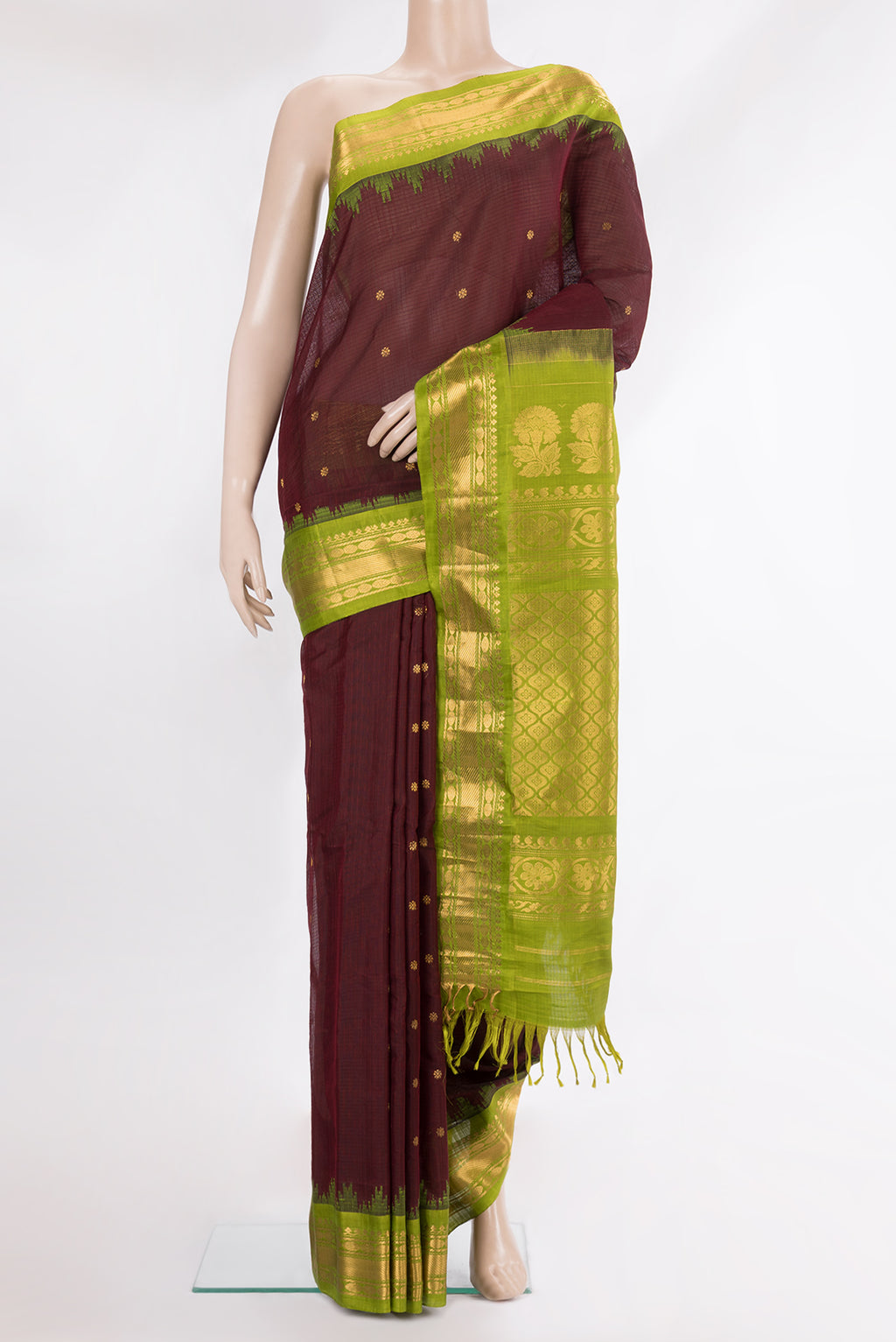 Pure Silk Maroon Dual Tone Gadwal Saree with Checked design on the body and Zari Border.  displayed on a mannequin