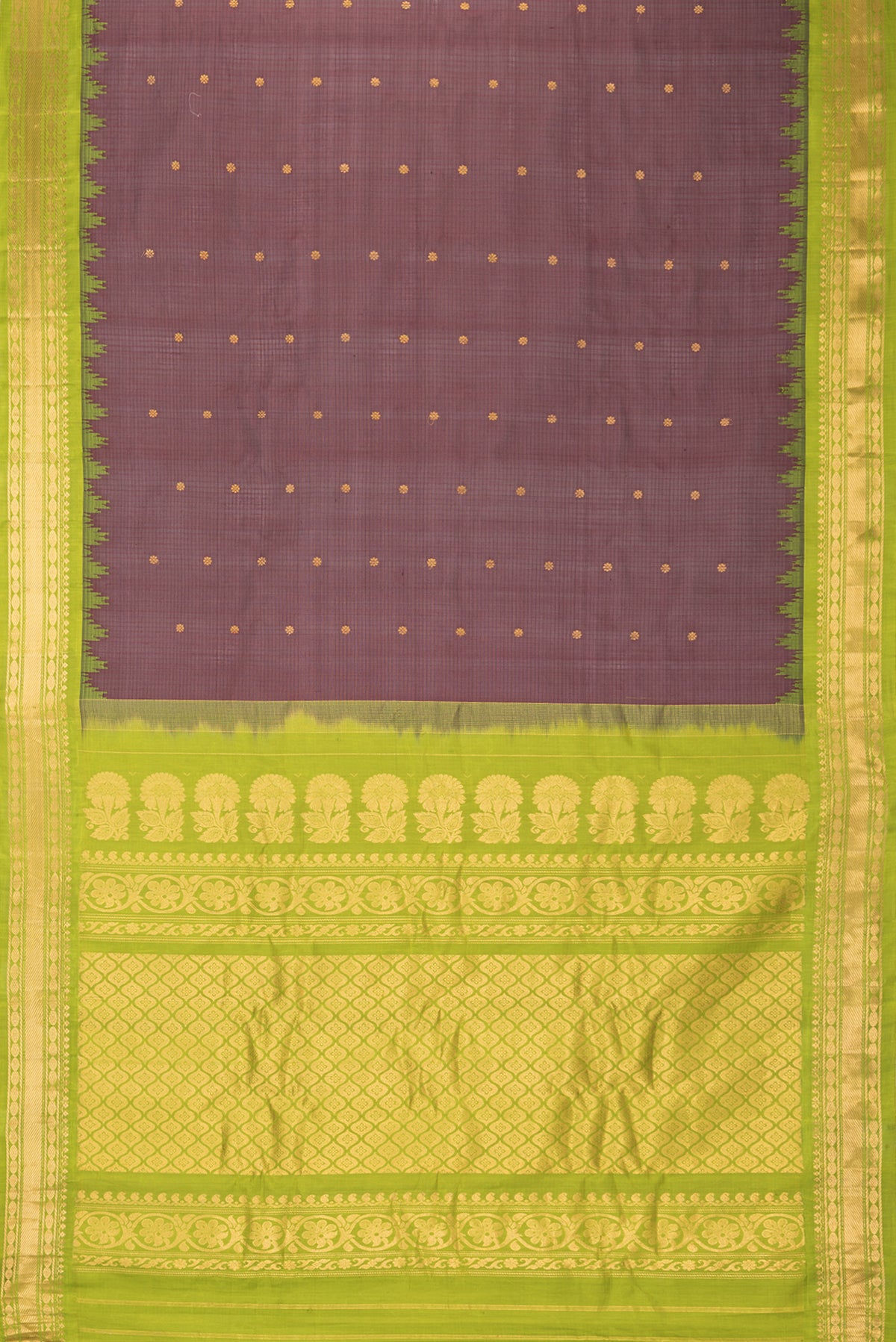 Flat view of Pure Silk Maroon Dual Tone Gadwal Saree with Checked design on the body and Zari Border. 