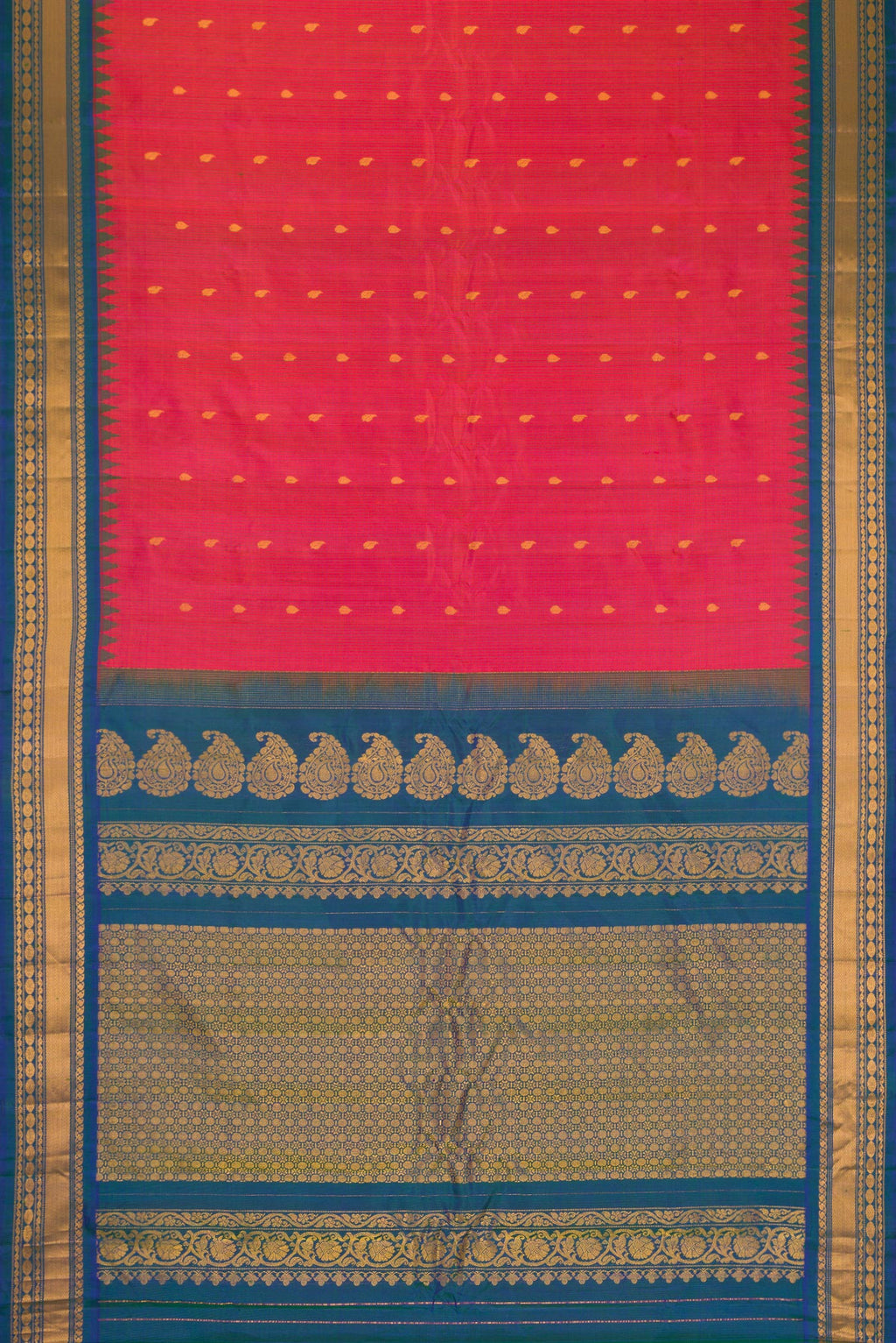Flat view of Coral Gadwal Silk Saree with Checked design on the body and Zari Border. 